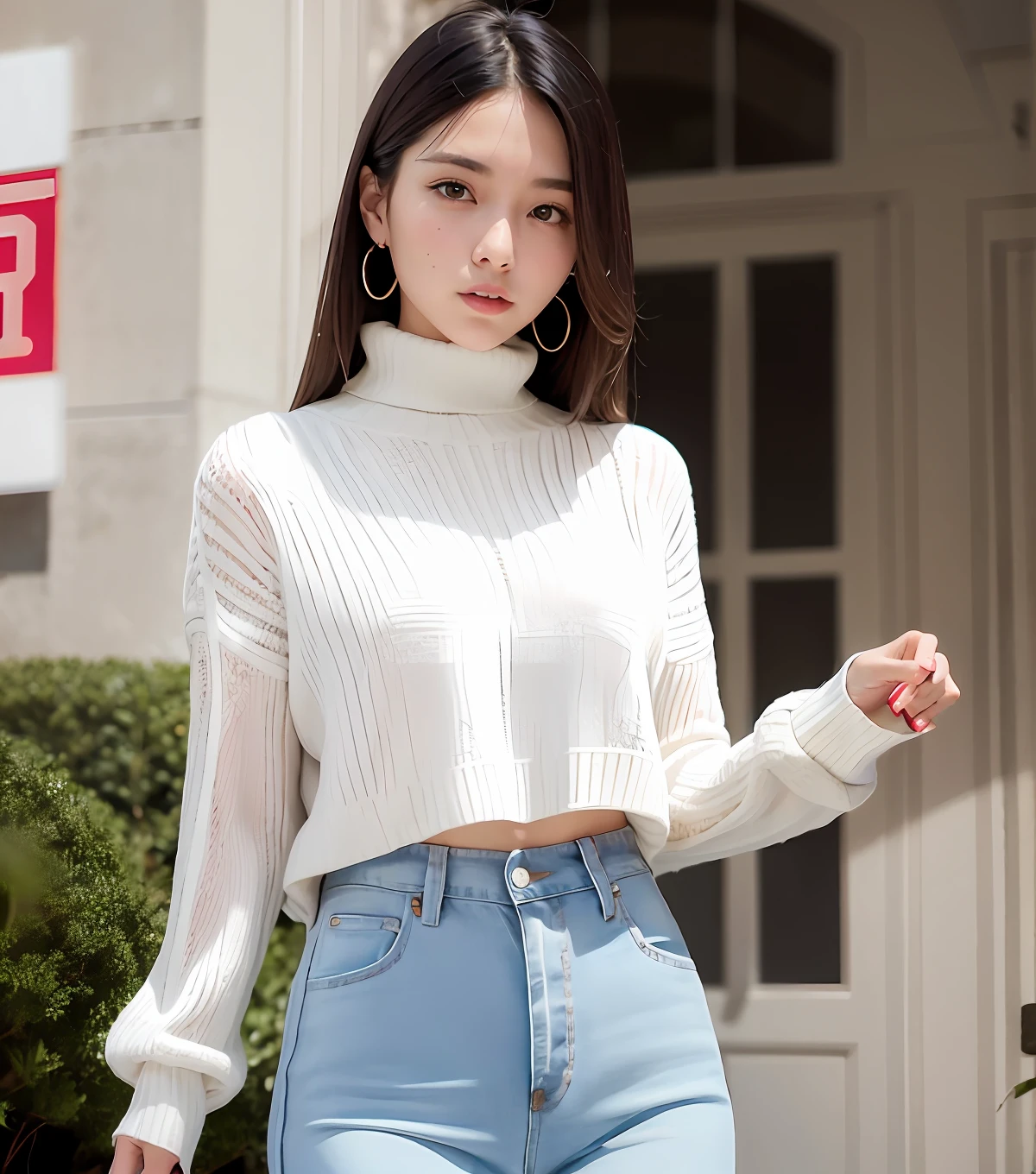 tmasterpiece,best qualtiy,(Very detailed CG unity 8K wallpaper)(best qualtiy),One was wearing a red shirt and jeans,cropped wide sleeve,Red turtleneck shirt,pastel clothing,wearing tight simple clothes,Big breasts Thin waist,detailled image,korean women's fashion model,Puff sleeves,wearing a red sweater,designed for cozy aesthetics,advertisement picture,Casual clothing,wearing elegant casual clothes。