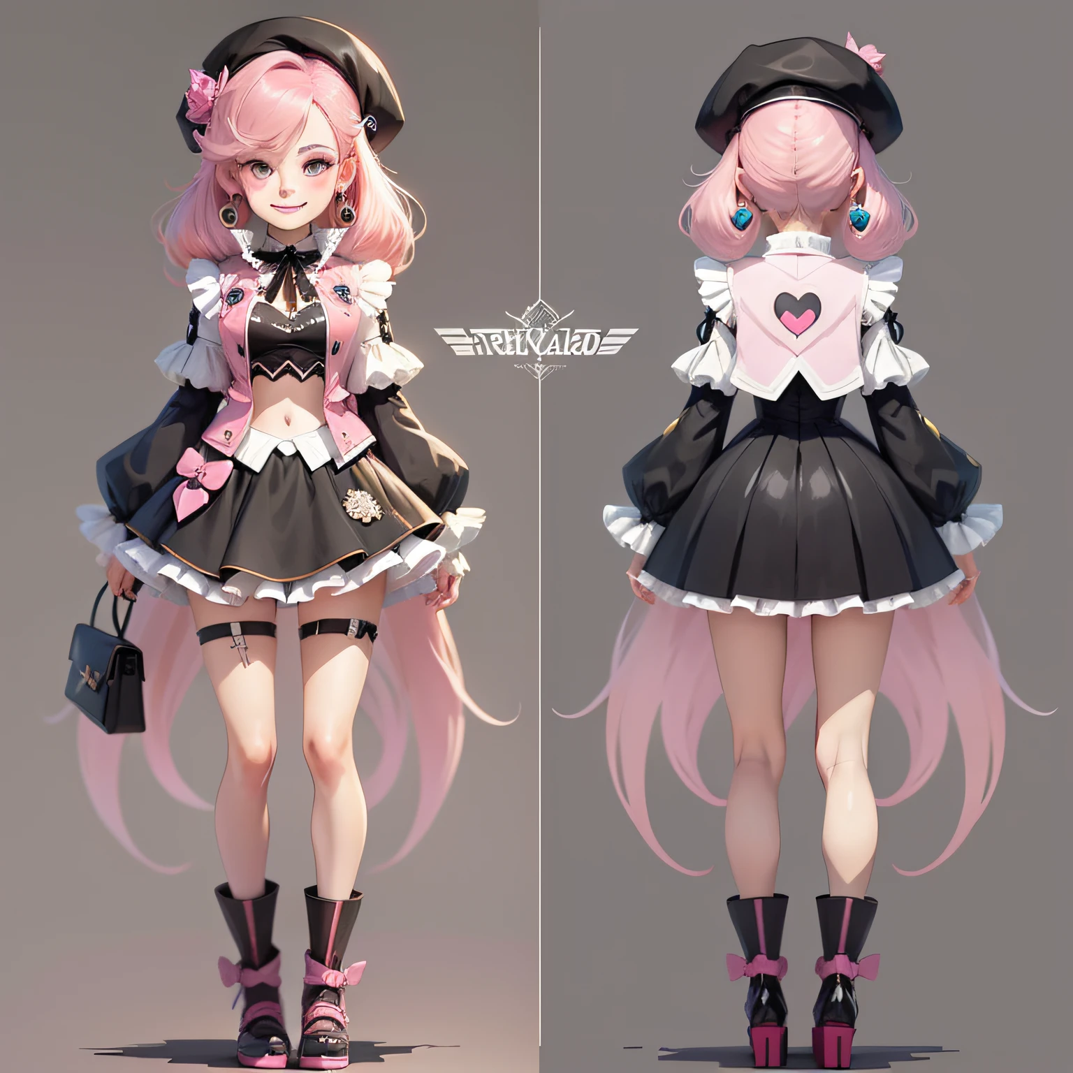 pink hair, beret, heart-shaped pupils, heart earrings, smile, sparkle, three sided view, UHD, high details，white backgrounid，Pink and black Lolita skirt，short  skirt，The top is a sweet cool vest，a pregirl，flat drawing，anime concept art，Anime character design，anime character reference sheet，[character  design]，clothing design