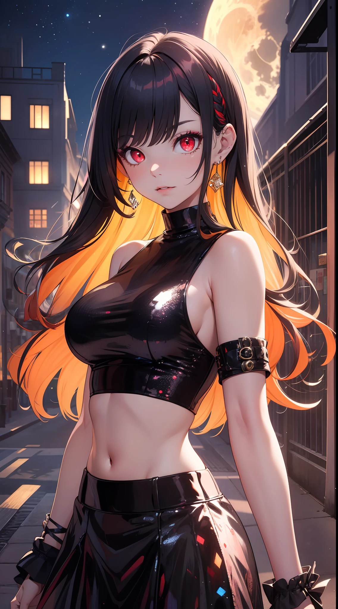 ((best quality)), ((masterpiece)), 1girl, solo, cool, edgy, tall, beautiful, slim, big boobs, black sequin cropped top sleeveless, short sequin skirt, long blond hair, red colored inner hair, bangs, glowing red eyes, midriff, professional makeup, night time, walking on moon, top shot.