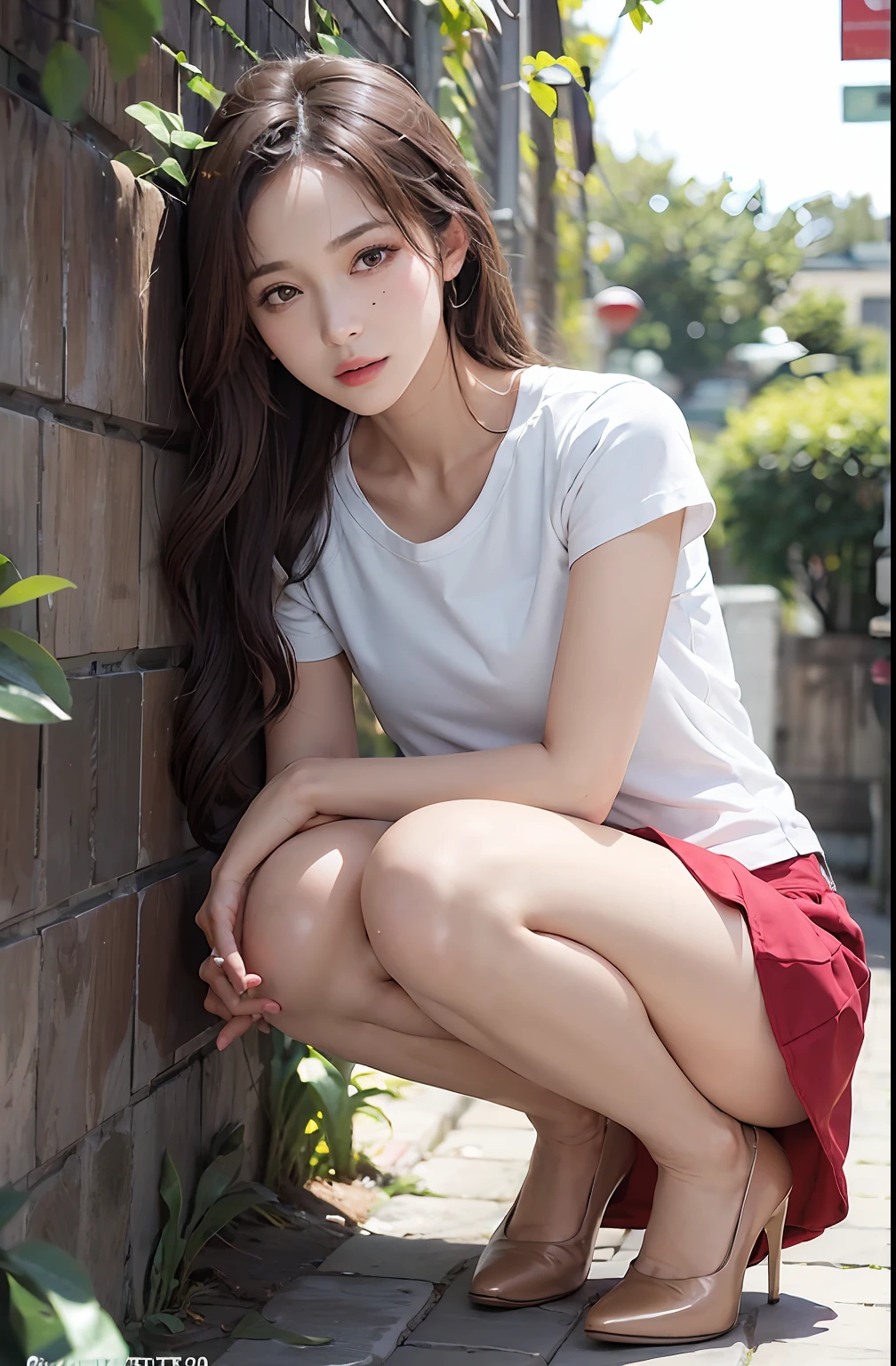 (surrealistic), (illustratio), (hight resolution), (8K), (ighly detailed), (The best illustrations), (beatiful detailed eyes), (top-quality), (ultra-detailliert), (masterpiece), (wall-paper), (详细的脸), 独奏, (dynamicposes), 1 girl in, Wavy light brown hair, Korea person, heterochromic eyes, small moles under eyes, long legged, tightens abs, white t-shirts、Red micro mini skirt、Beige pumps、