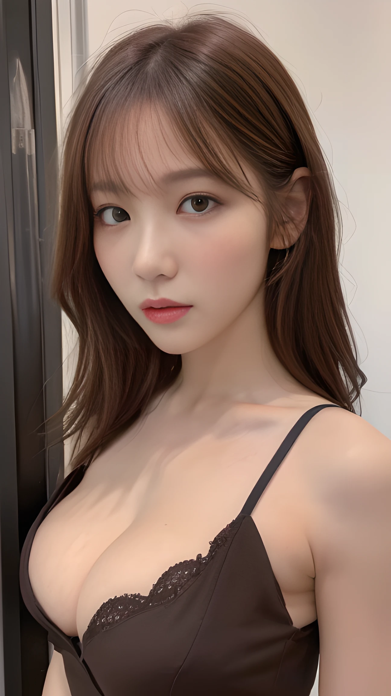 ((Best quality, 8k, Masterpiece :1.3)), Sharp focus :1.2, A pretty woman with perfect figure :1.4, Slender abs :1.2, ((Dark brown hair, Big breasts :1.2)), (Natural light, City street:1.1), Highly detailed face and skin texture, Detailed eyes, Double eyelid