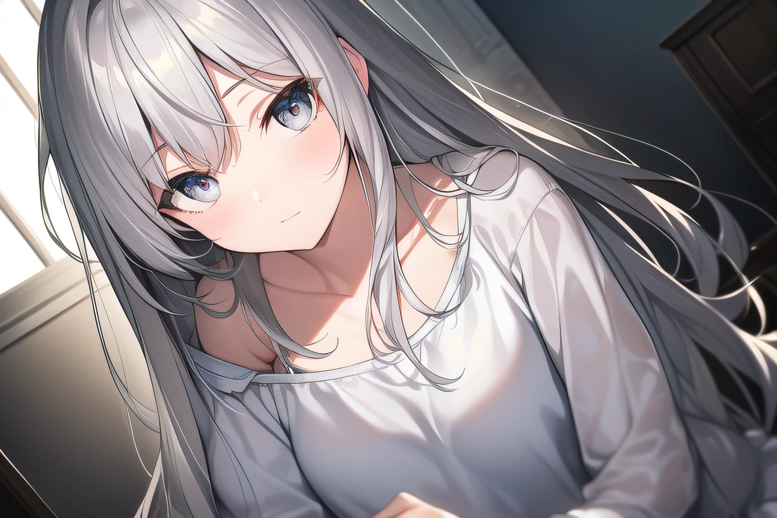 ((Masterpiece, Best quality))++, Detailed light+,  Detail hair+, detail hand+ ,1girll, woman, Long hair,   Black eyes,  Beautiful eyes, Young gray hair,,(Beautiful white hair:1.5),(Beautiful detailed eyes),    high resolution+,   blacksilk  ， a black skirt, Glass tones, Reflective eyes, ((Halo)),  {{Angle}} , extremelydetailedwallpaper, Original, ,