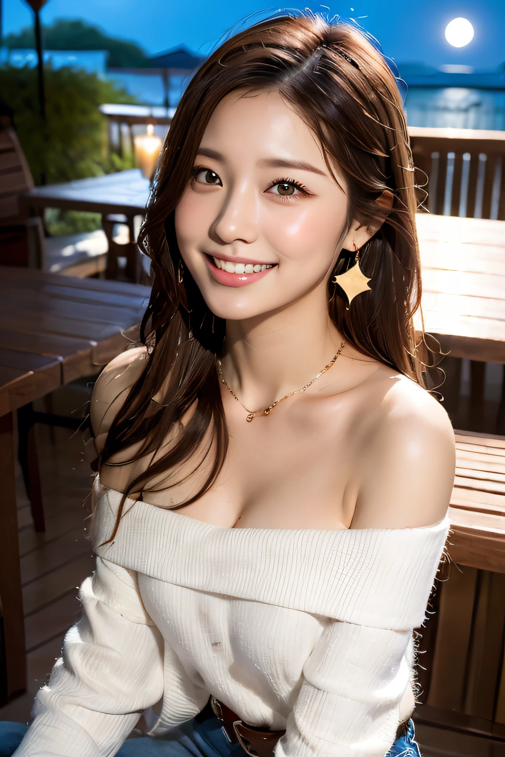 (masterpiece:1.3), high resolution, ultra detailed, extremely detailed CG unity 8k wallpaper, realistic, photo-realistic, RAW photo, beautiful detailed face, pale skin, realistic glistening skin, detailed cloth texture, detailed hair texture, Perfect Style, Beautiful Face, accurate, Anatomically correct, Highly detailed face and skin texture, natural neck length
BREAK
Detailed eyes, symmetric eyes, Brown eyes, Double eyelids, Thin eyebrows, (Sexy Lips:1.3), (happy smile:1.2), (blush:1.2)
BREAK,
((Innocent and Cute girl:1.3)), ((wearing a off-shoulder White blouse:1.4)), (Wear a stole:1.4), (Gold buckle belt), (skinny jeans:1.2), (cross strap high heels:1.2), (necklace, bracelet), (Thin hoop earrings), (pinky ring), (beautiful blue nails:1.2),
Layered Hairstyle, (brown hair:1.2), (wavy hair:1.2), medium long hair, (large breasts, firm breast, nicely shaped breasts:1.1),
BREAK,
((Sitting together with a hold hand:1.4)), ((looking up at viewer:1.2)),
((Upper body shot:1.2)), (Focus on face:1.2), (from above:1.2), (in an outdoor stylish beachside terrace), ((A view of The night sky filled with numerous stars and a large full moon shining brightly:1.3)),