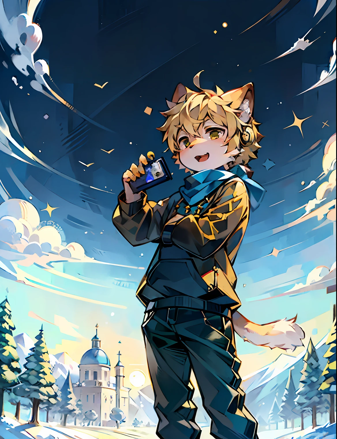 Field garden，A boy in a black sweatshirt and trousers appeared，He is handsome and lovely，Has a large fluffy tail and cat ears。His short blonde hair was accompanied by a bunch of bells and headphones，Mouth slightly open，Call to the clouds and the sun in the sky。In the winter landscape，There are no spots on him，The whole body is covered in a golden furry，Like a cute cub。He was alone，Pose in the wind，Show your entire body facing the camera。A blue scarf and black boots add a playful touch to his outfit。This lone boy is a masterpiece，Presented in high-quality portrait form。