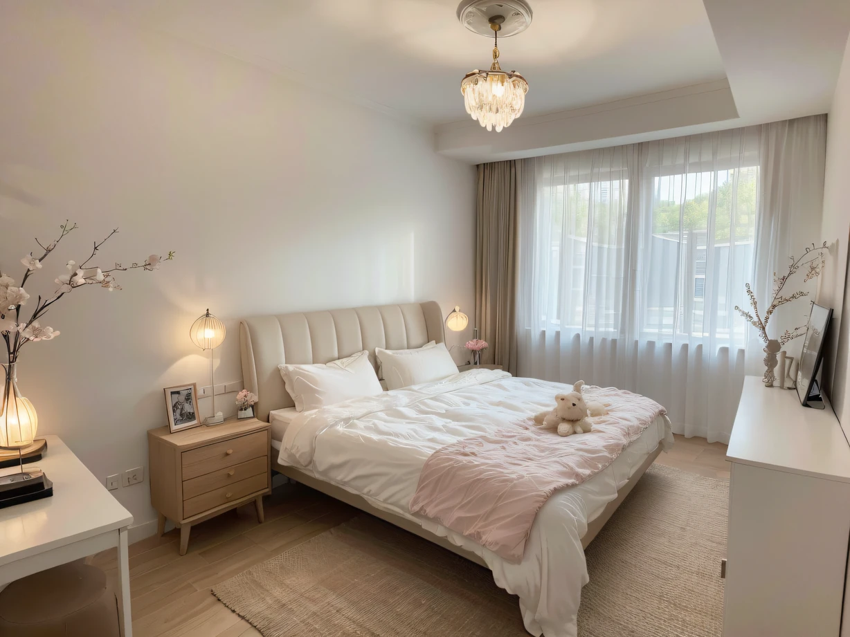 ,Masterpiece, Best quality,8K, 超高分辨率,Reallightandshadow,Step into this fantastic bedroom,It's like going back in a fairy tale。Bright lights instantly illuminate the incredibly soft snow-white bedding,It's like lying on a cloud。The frescoes on the walls are delicate and delicate,It presents a magical wonderland landscape。Gently pull the curtains open,Look out,In the garden outside the window,Beautiful pink cherry blossoms are in full bloom,It seems to tell a story about love and romance。