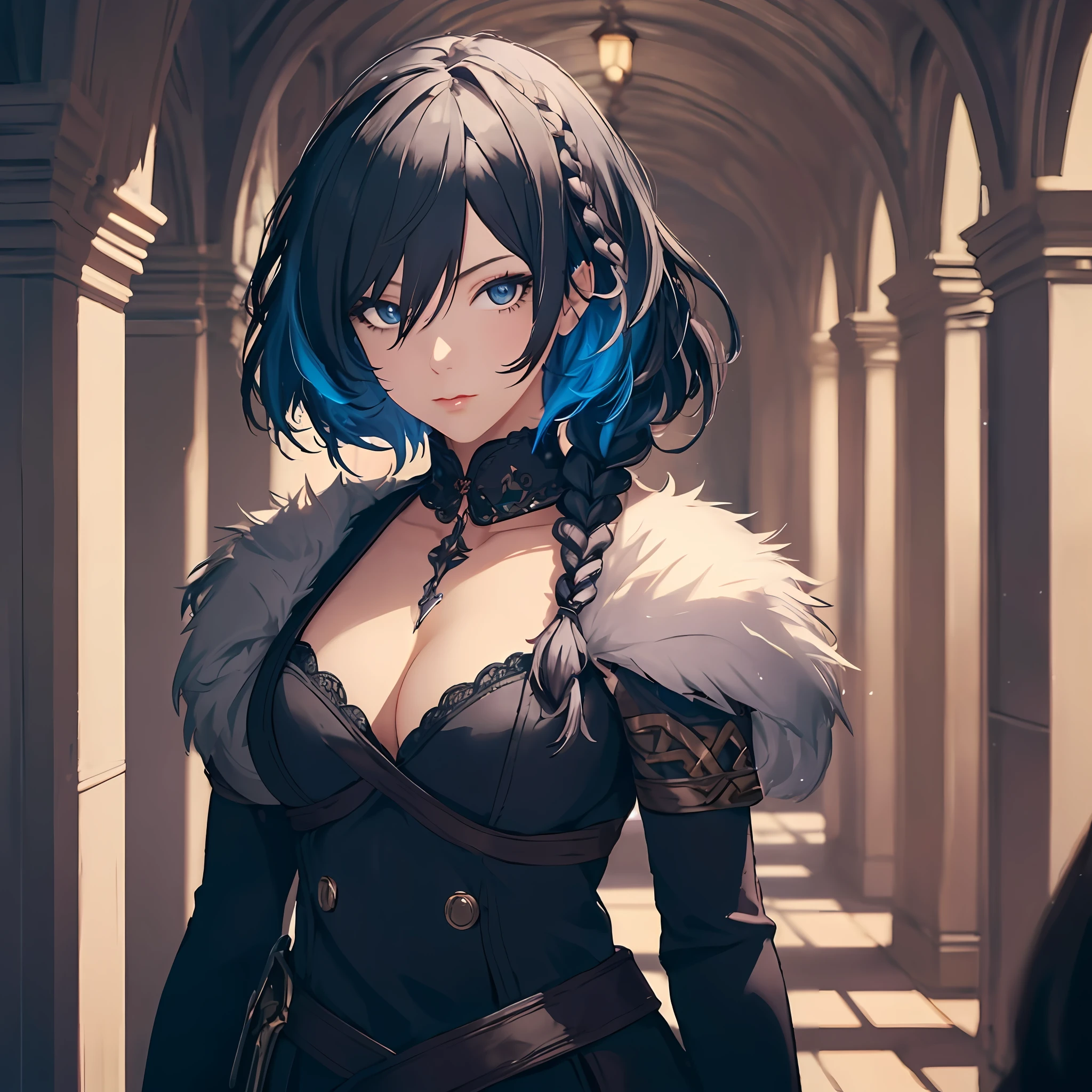 masterpiece, best quality, 1woman, adult, female focus, solo, black bluish hair, short hair, vibrant black eyes, looking at viewer, closed mouth, Fantasy aesthetics, Highly detailed, shadowverse style, Norse, fur,mature female , eyeliner, braid, fantasy, upper body (masterpiece, high quality:1.2)