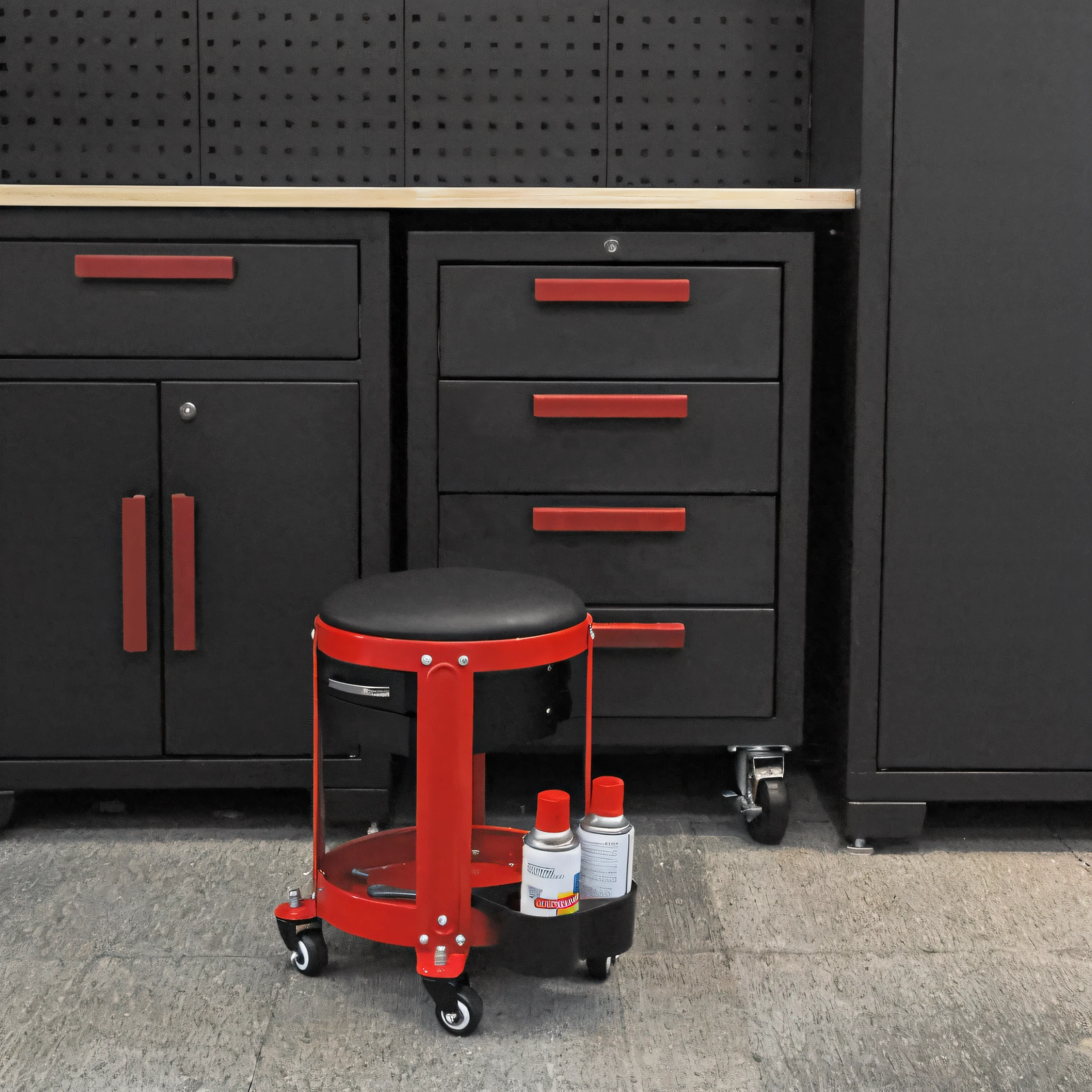 In front of the black cabinet was a small stool, Black stainless steel,Red trim, stools, Self-restraint, brilliant detail, 3 pcs, black and red only, superior detail, empty stools, Great detail, Portrait, in detail, detalhe poderoso, portraite of a, professional, tool, High quality detail, work table, product introduction photos