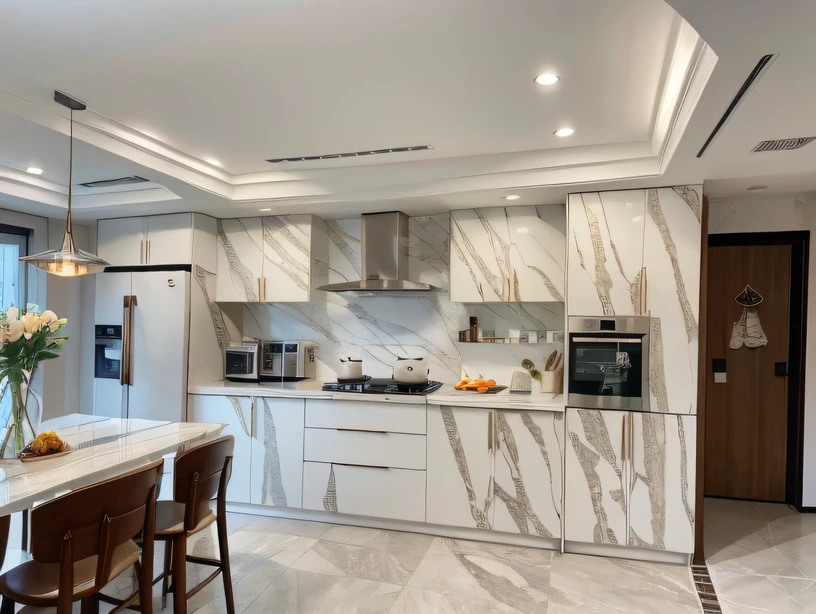 ,Masterpiece, Best quality,8K, 超高分辨率,Reallightandshadow,Step into this modern kitchen,Immediately conquer with its exquisite luxury。Rows of precious porcelain are lined up on seamless marble countertops,Shining with an alluring light。High-tech appliances are fully equipped,Advanced,Demonstrate a high-quality attitude to life。Hearty cuisine is prepared here,When tasting,The aroma is everywhere,The amazing journey on the tip of the tongue is about to begin。