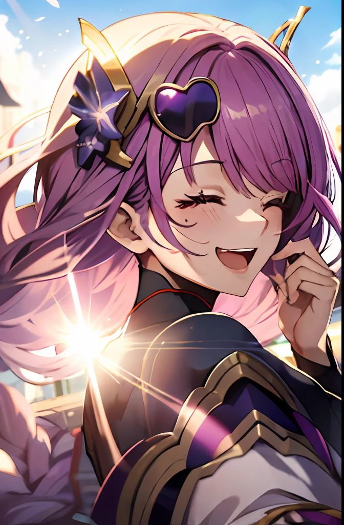 an girl, upper body, (sunglasses:1.1), (huge Laughing:1.1), (open mouth:1.1), closed eyes, sun glare, bokeh, depth of field, blurry background, light particles, strong wind, (heart particles:1.2), raiden shogun, pink hair, purple eyes