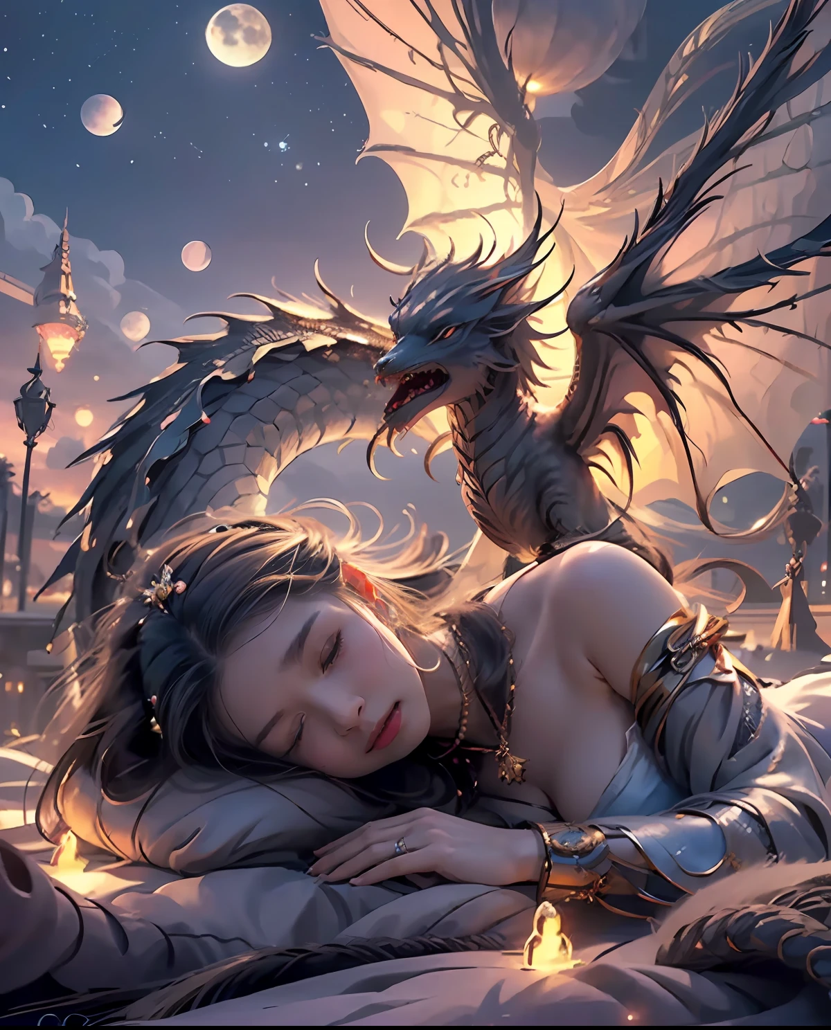Generate an image of a young girl sleeping peacefully on the back of a dragon as it soars through the night sky. The dragon should be depicted as protective and gentle, cradling the girl with its powerful wings. The girl should be depicted as serene and content, completely at ease in the dragon's presence. The scene should be filled with stars and other celestial elements to enhance the dreamy feel of the image, night time, darkness with glow, dystopian, glittering lights, glowing lights, happy mood