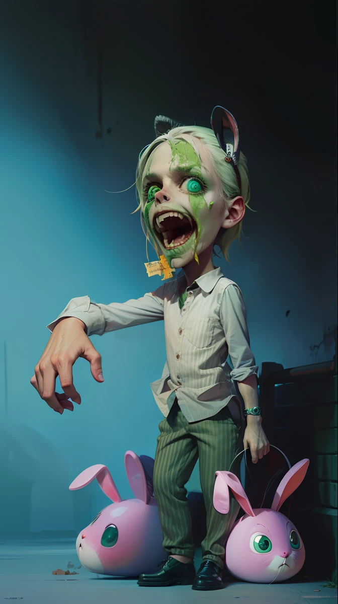 Zombie, rabbit shoe, 1 man, realistic, ultra detail, green eyes, green striped trousers