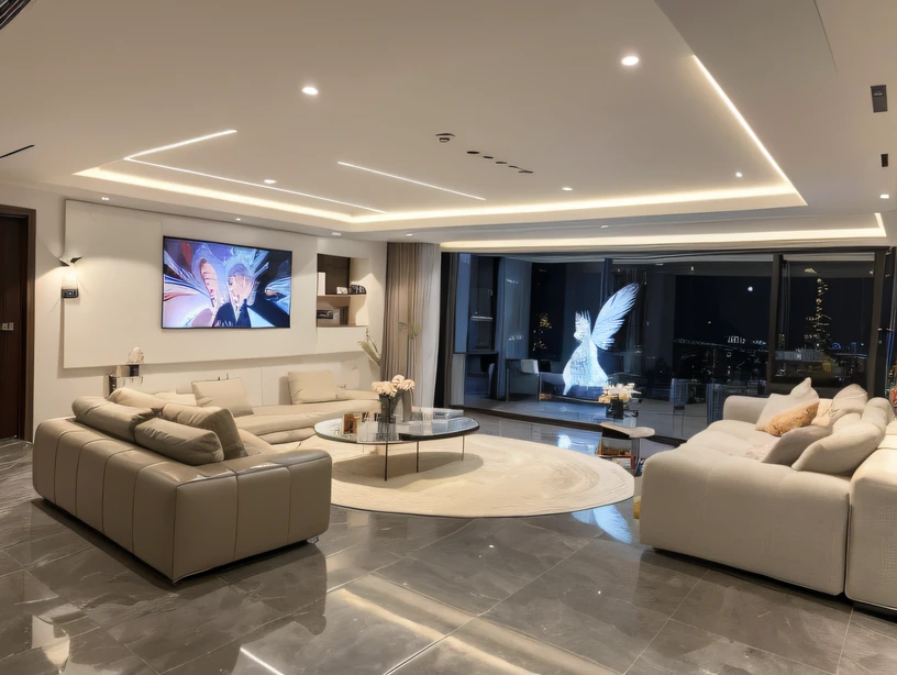 ，Masterpiece, Best quality，8K, 超高分辨率，Reallightandshadow，Step into this living room，It's like traveling through time to the future world。Spacious and bright space，Large floor-to-ceiling windows bring natural light inside，Perfect integration with high-tech intelligent lighting systems。Color artwork and pop music MV played on a holographic projection wall，Create a gorgeous and dynamic stage。Soft feather sofa and glass coffee table with diamonds，The perfect combination of fashion and luxury。