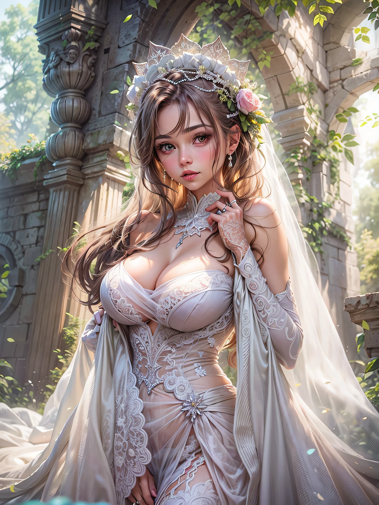 1 Beautiful girl, Beautiful girl of the highest grade, Realistic, extremely detailed CG unified 8k wallpaper, ighly detailed, High-definition raw color photos, professional photograpy, Realistic portrait, Cinematic Light, Beautiful detailed, (Naked:1.5), Beautiful big breasts, breasts details, (cleavage of the breast:1.2), Bare shoulders, (beautiful wedding dress with a wide open chest:1.4), No bra, No panties, (cameltoe details), Outdoors, Beautiful Landscape Forest, castle, stare, (Best Quality:1.4), super detail, high quality, masterpiece, upper body,