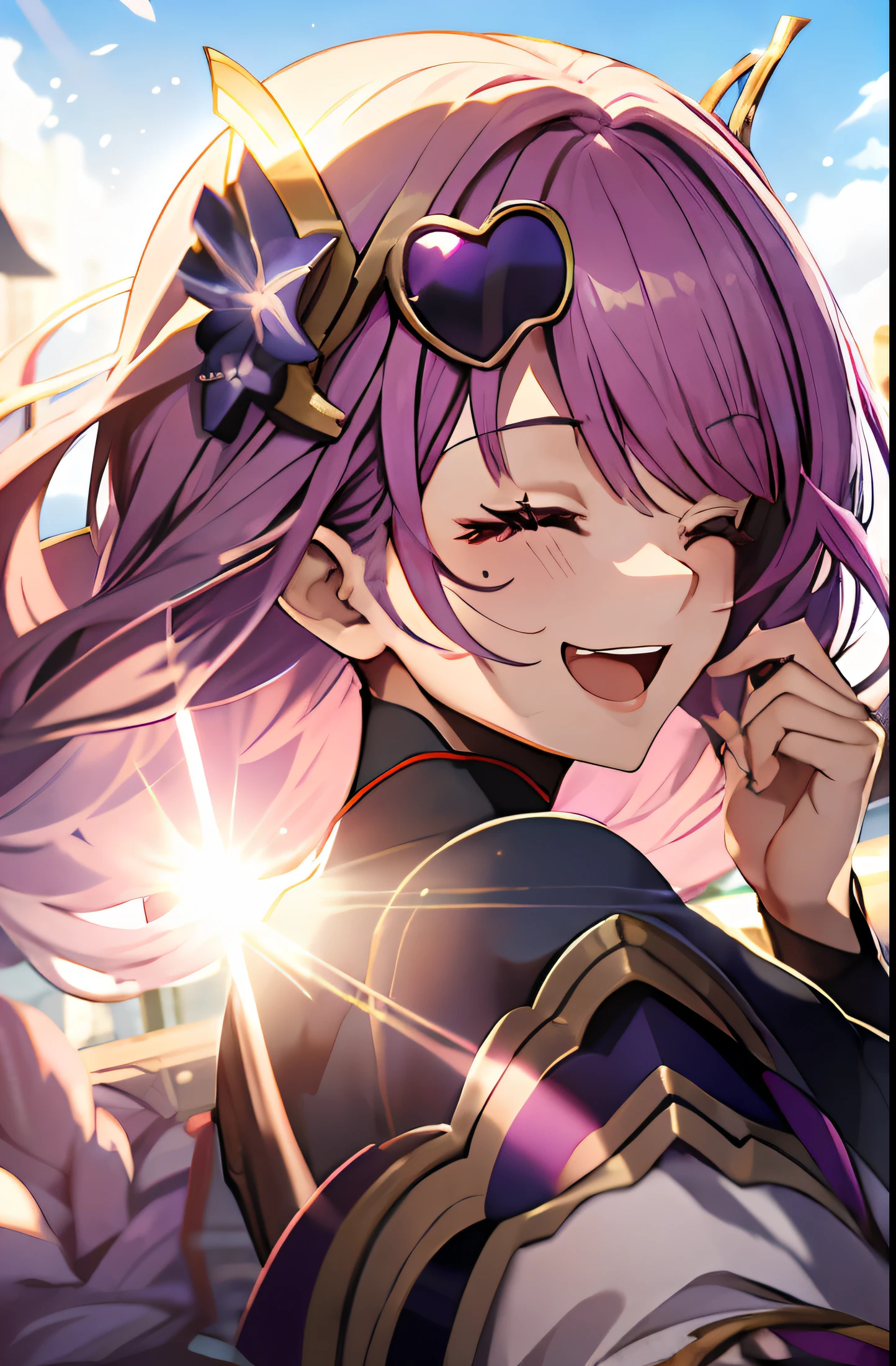 an girl, upper body, (sunglasses:1.1), (huge Laughing:1.1), (open mouth:1.1), closed eyes, sun glare, bokeh, depth of field, blurry background, light particles, strong wind, (heart particles:1.2), raiden shogun, pink hair, purple eyes