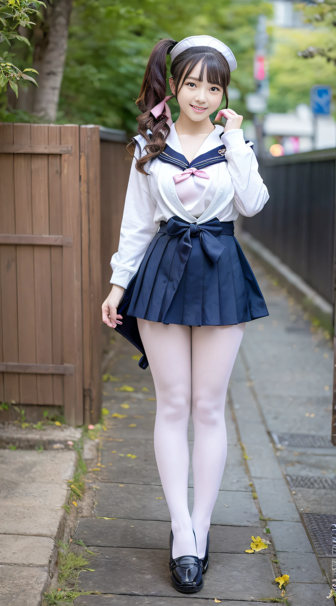 (a sailor suit:1.3)、hi-school girl、Sexy and cute、Colossal tits、perspiring、Wet crotch、seductive angles、(White pantyhose:1.2)、Best Quality, masutepiece, 超A high resolution, (Photorealistic:1.4), Raw photo,8K,japanes、女の子1人、17 age、Perfect looks、hi-school girl、Harajuku、Crowded、cute  face、A smile、(Full body portrait:1.2)、stunningly beautiful、dynamicposes、delicated face、Lively eyes、No letters、No logo、Ponytail and scrunchie、((Stand with your feet shoulder-width apart:1.2)、 Wriggle your hips slightly、Cute smile、cammel toe、Black loafers、(a miniskirt:1.2)、((pink panty:1.2))、(Skirt twisted by the wind:1.3)、Rear view