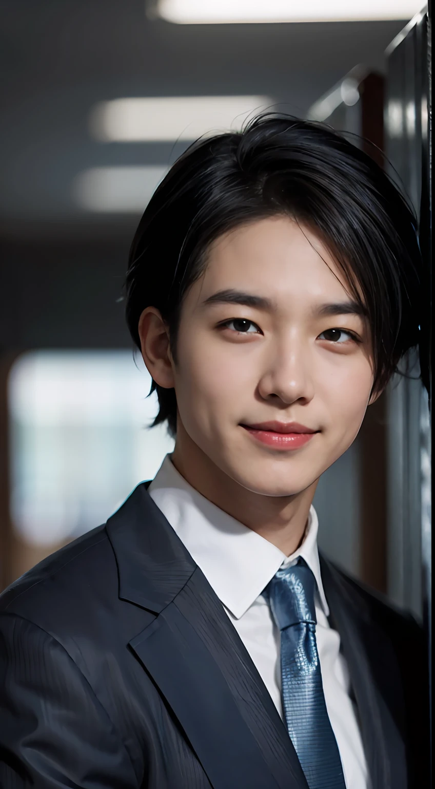 A smiling man,looks into camera，The whole picture is centered on the character，Wearing a dark blue suit,Wear it with a silver-gray tie。He has short hair,Put your hands behind your back,Stand in a well-lit office。