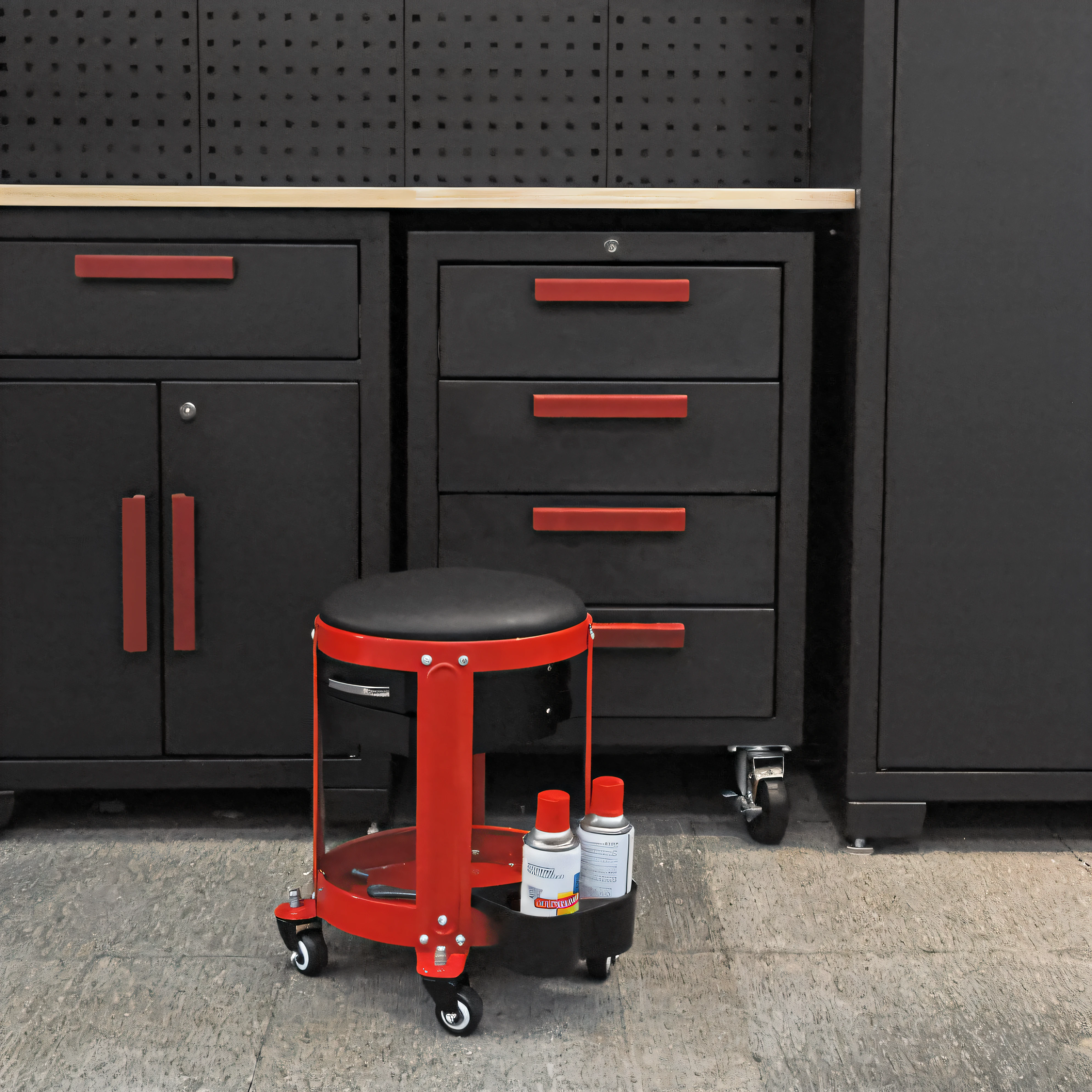 In front of the black cabinet was a small stool, Black stainless steel，Red trim, stools, Self-restraint, brilliant detail, 3 pcs, black and red only, superior detail, empty stools, Great detail, Portrait, in detail, detalhe poderoso, portraite of a, professional, tool, High quality detail, work table, product introduction photos