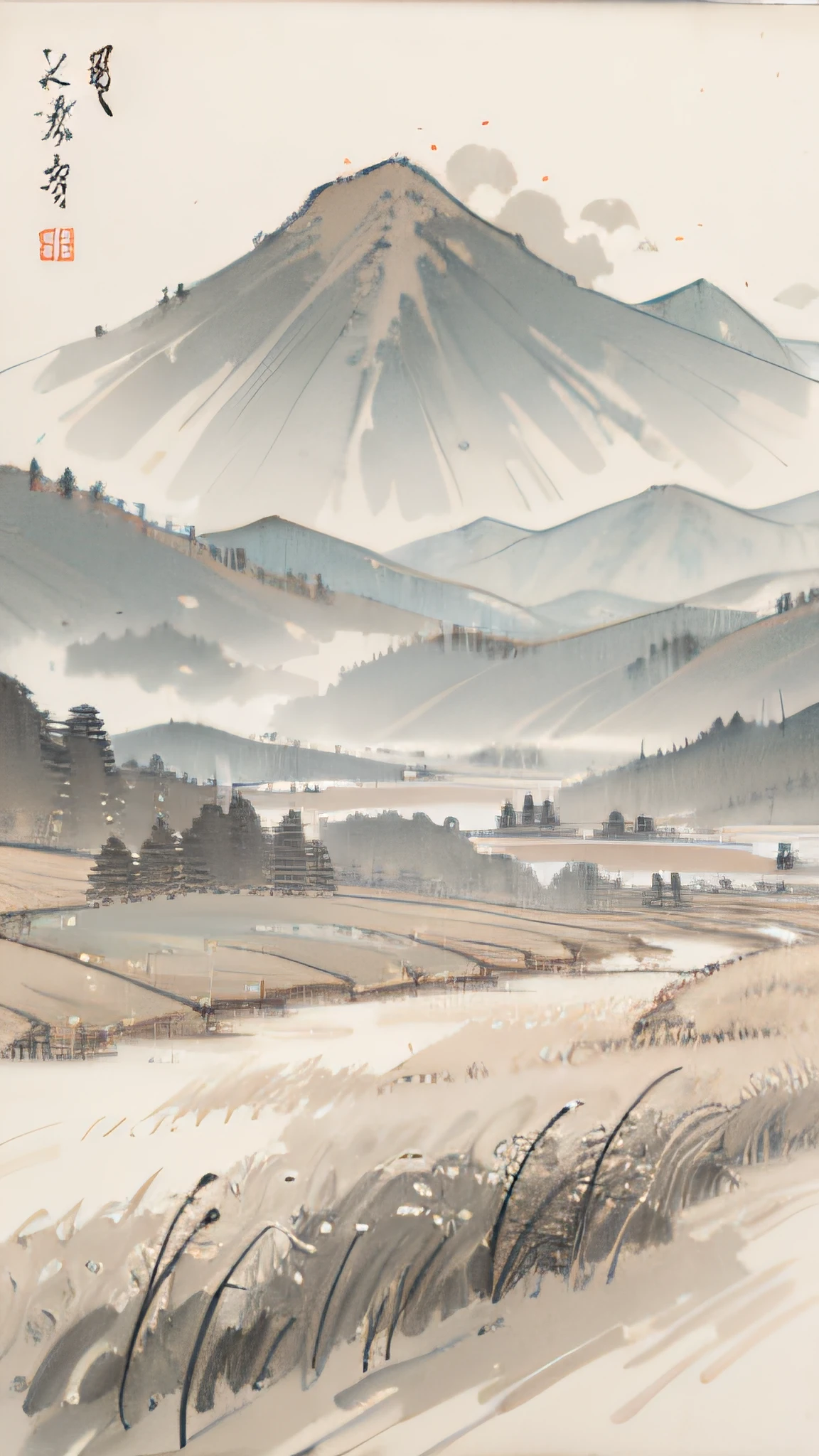 (tmasterpiece,Optimal quality:1.2),Tradition Chinese Ink Painting,mountain in the distance,grassy fields,Medium view