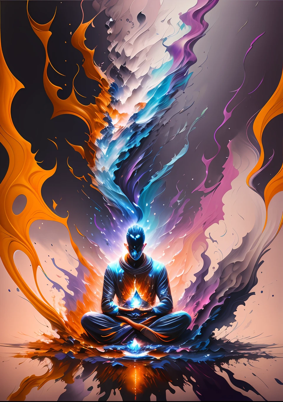 Awakened man sitting meditation in 5th dimension world, meditating in the midst of chaos, character render, ultra high quality model, ethereal background, abstract beauty, explosive volumetric, oil painting, heavy strokes, paint dripping, 1 man, magic lighting, enlightenment lighting,