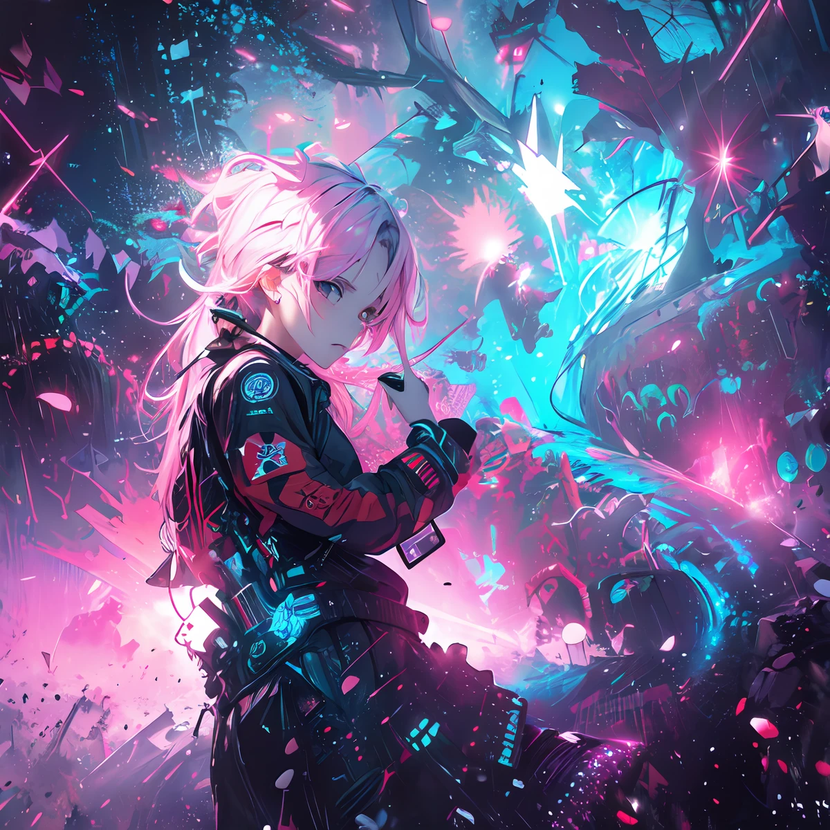 (masterpiece、top-quality、top-quality、Official art、ighly detailed、Beautifully Aesthetic:1.2)、(1girl in)、(Fractal Art:1.3)、Random hairstyle、Random hair color colorful、FULL BODYSHOT、(CyberpunkTThe shirt)、animesque、head-mounted displays、neon light detail、Intuitive、City of the Future、sharp、Precise focus、randome pose、cyberpunkcity、street neon lights、insta photo、photo of the year、cinema4d、Dramatic、