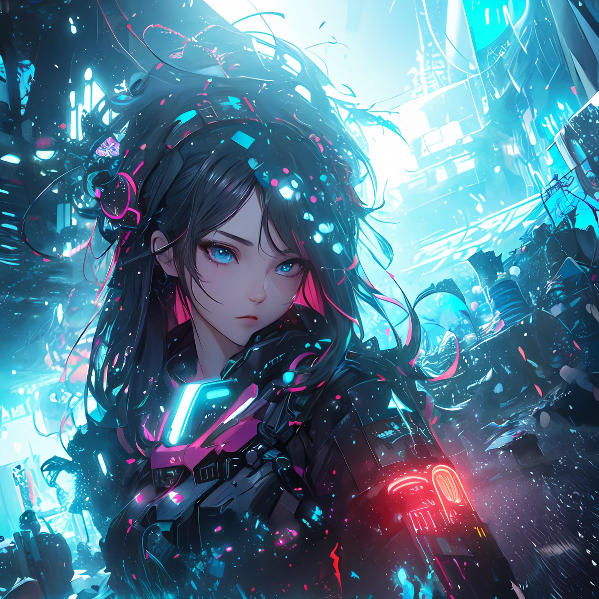 (masterpiece、top-quality、top-quality、Official art、ighly detailed、Beautifully Aesthetic:1.2)、(1girl in)、(Fractal Art:1.3)、Random hairstyle、Random hair color colorful、FULL BODYSHOT、(CyberpunkTThe shirt)、animesque、head-mounted displays、neon light detail、Intuitive、City of the Future、sharp、Precise focus、randome pose、cyberpunkcity、street neon lights、insta photo、photo of the year、cinema4d、Dramatic、
