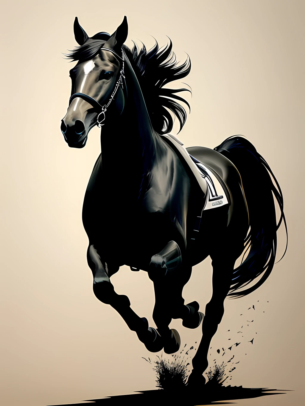 Painting of a horse running on white background,with black background, extremely high quality artwork, sharp high quality artwork, digital horse, painted in high resolution, cavalos, hyper-realistic illustration, black ink painting, Ultra-Realistic Illustrations, amazing wallpapers, Stunning artwork, hd artwork, highly detailed vector art, Detailed painting 4 K, inky illustration, inspired by John Frederick Herring