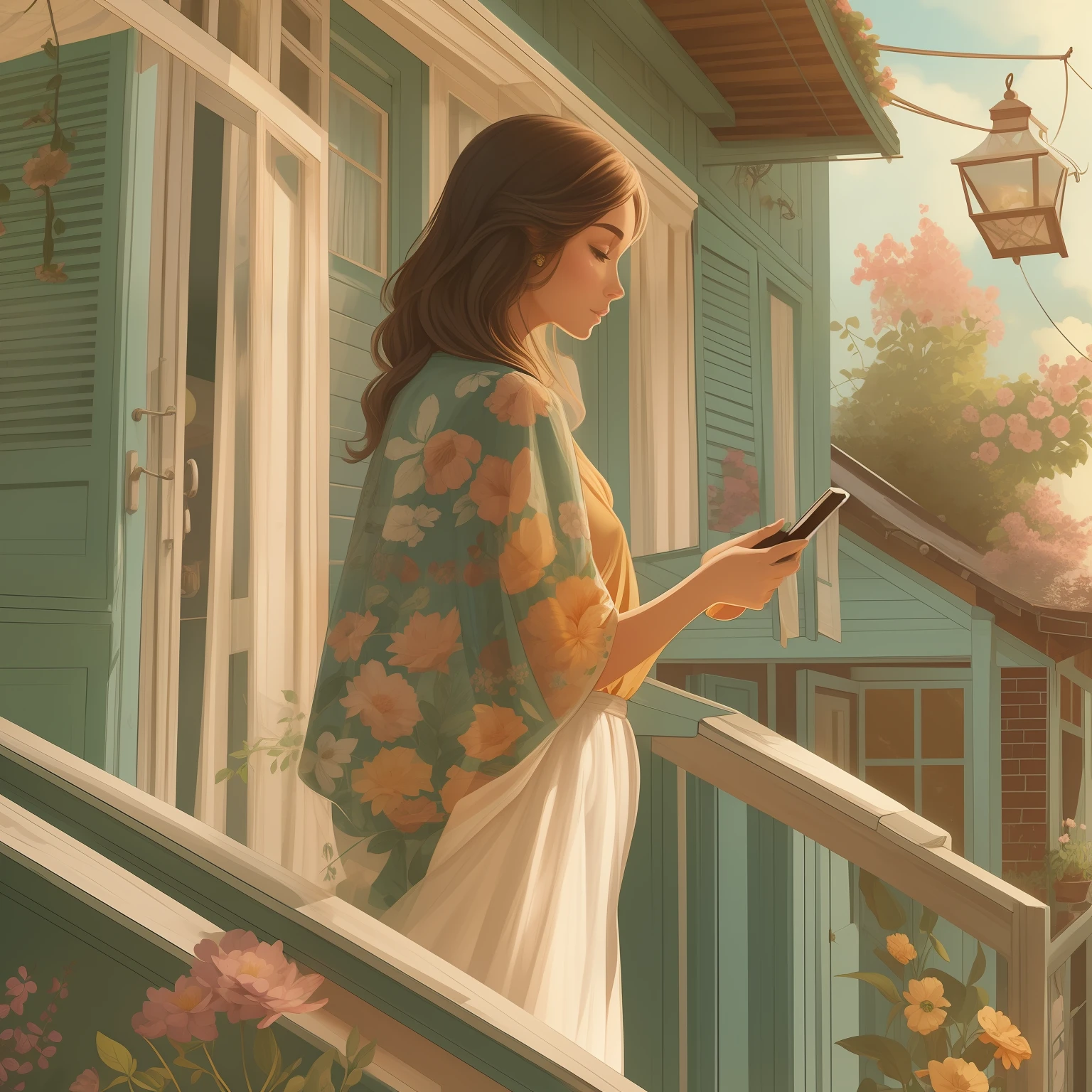 There's a woman standing on a porch looking at her cell phone, in illustration style digital, exquisite digital illustration, arte digital de um elegante, Beautiful digital illustration, digital illustation, digital illustation, counter, Estilo de desenho bonito, summer morning, trending on artstration, pintura realista da menina bonito, morning hour, em uma varanda, fabulous illustrations, dreamy illustration