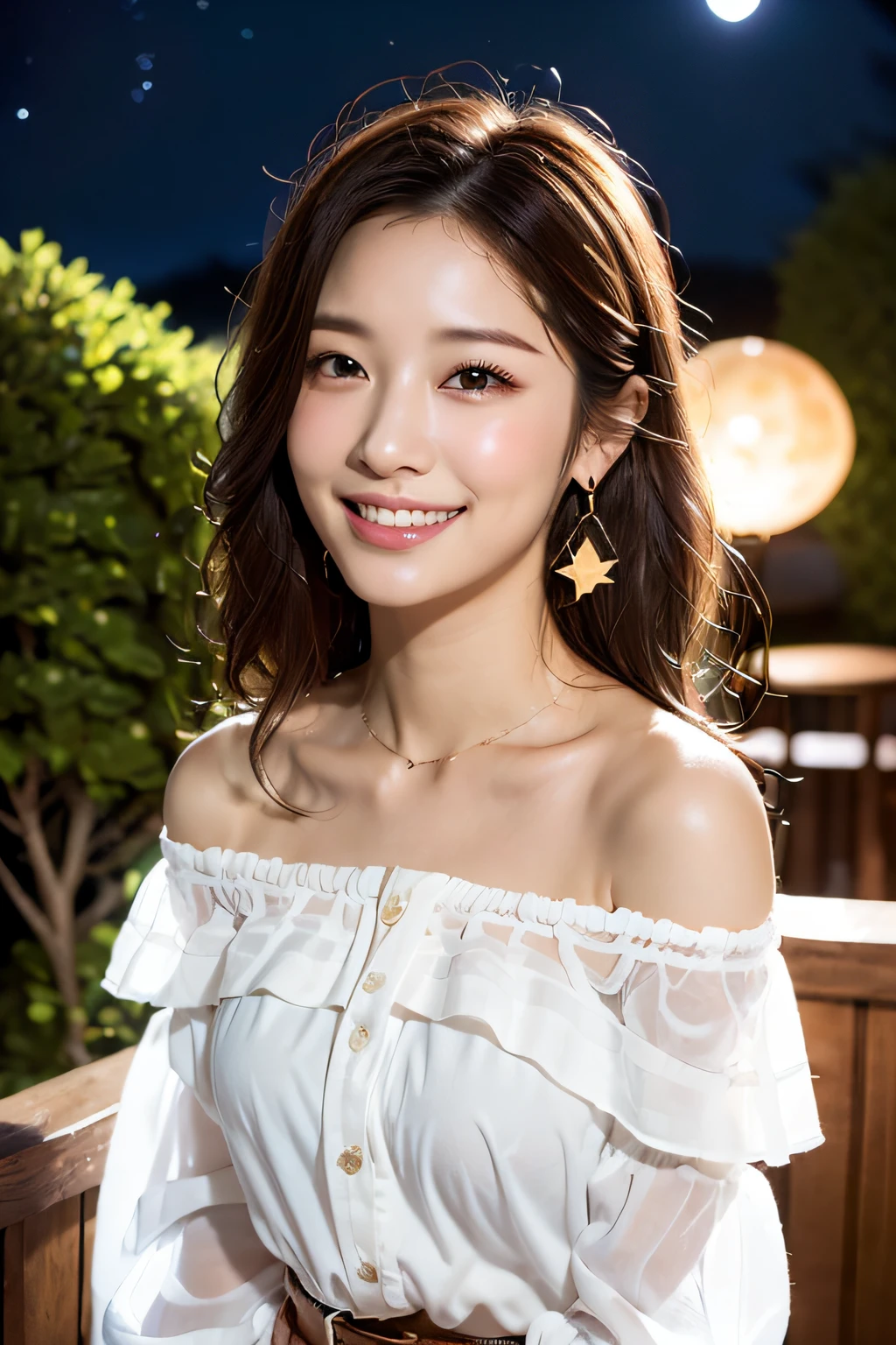 (masterpiece:1.3), high resolution, ultra detailed, extremely detailed CG unity 8k wallpaper, realistic, photo-realistic, RAW photo, beautiful detailed face, pale skin, realistic glistening skin, detailed cloth texture, detailed hair texture, Perfect Style, Beautiful Face, accurate, Anatomically correct, Highly detailed face and skin texture, natural neck length
BREAK
Detailed eyes, symmetric eyes, Brown eyes, Double eyelids, Thin eyebrows, (Sexy Lips:1.3), (happy smile:1.2), (blush:1.2)
BREAK,
((Innocent and Cute girl:1.3)), ((wearing a off-shoulder White sheer blouse:1.4)), (Gold buckle belt), (skinny jeans:1.2), (cross strap high heels:1.2), (necklace, bracelet), (Thin hoop earrings), (pinky ring), (beautiful blue nails:1.2),
Layered Hairstyle, (brown hair:1.2), (wavy hair:1.2), medium long hair, (large breasts, firm breast, nicely shaped breasts:1.1),
BREAK,
((Standing together with a hold hand:1.4)), ((looking up at viewer:1.2)),
((Upper body shot:1.2)), (Focus on face:1.2), (from above:1.2), (in an outdoor stylish beachside terrace), ((A view of The night sky filled with numerous stars and a large full moon shining brightly:1.3)),
