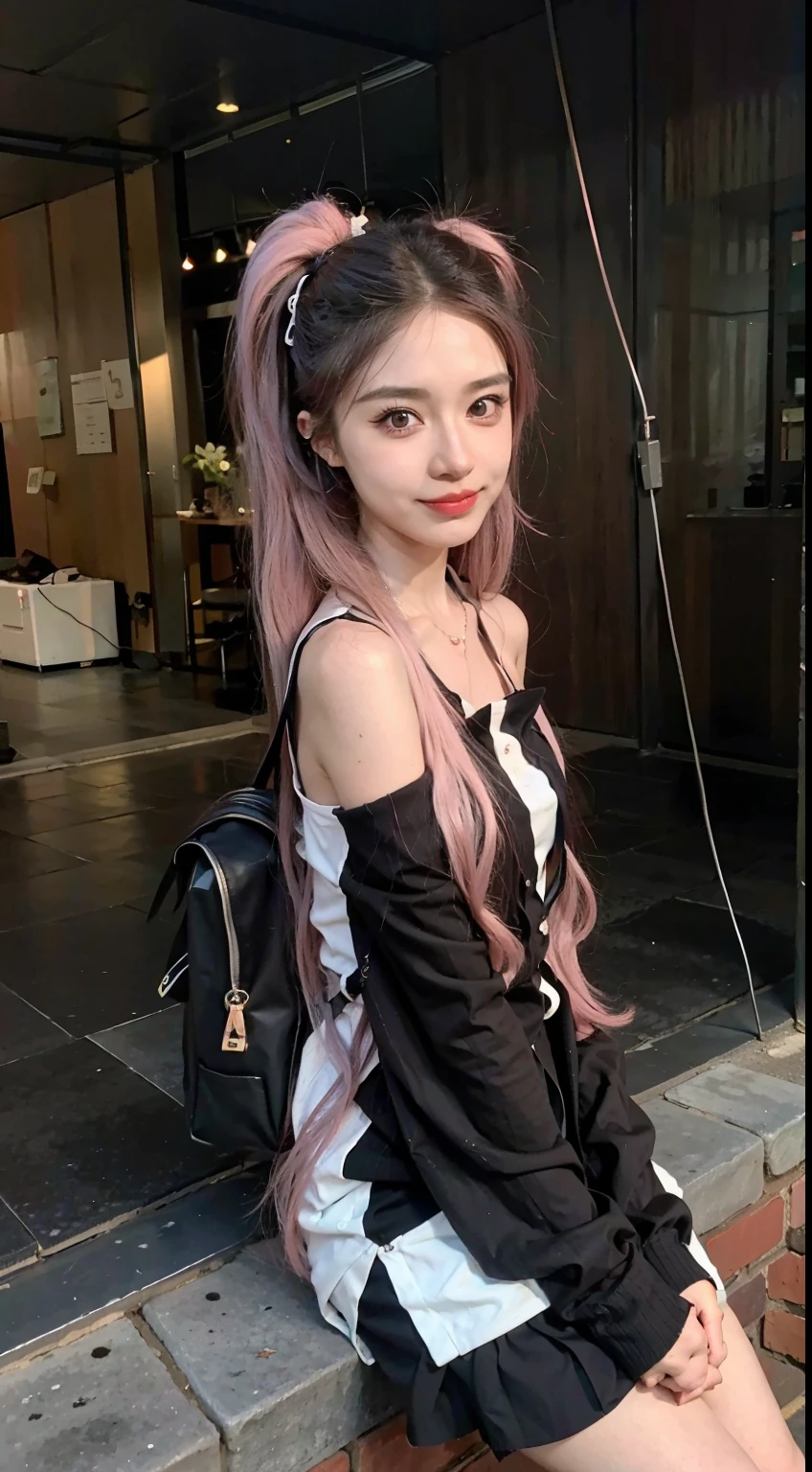 Arabi girl sitting on a brick wall，long pink  hair, ulzzangs, 1 7 - year - old anime goth girl, rena nounen style 3/4, With long hair, Anime girl cosplay, Twin tail hairstyle, sakimichan, shaxi, pink twintail hair and cyan eyes, Red long-haired, kanliu666