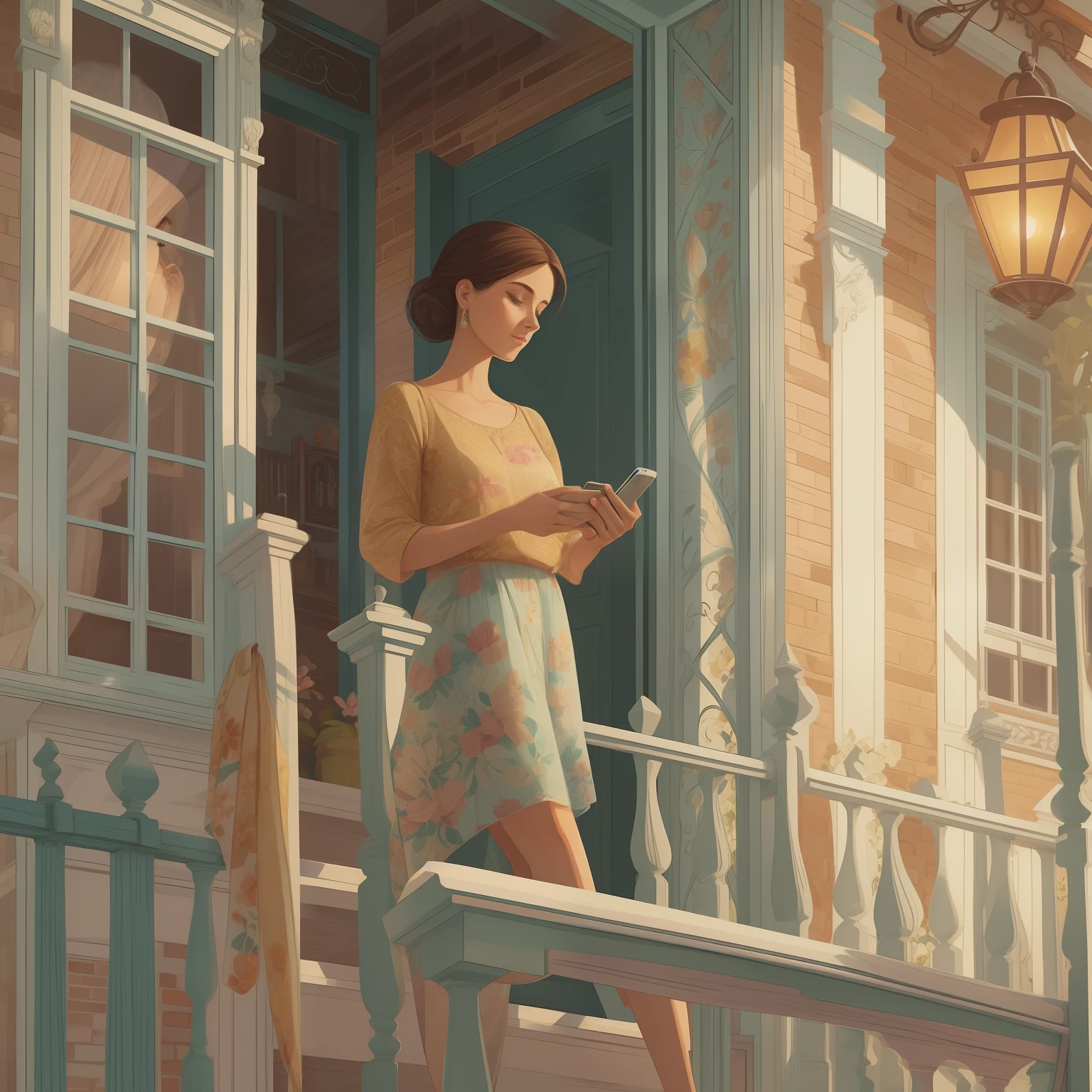 There's a woman standing on a porch looking at her cell phone, in illustration style digital, exquisite digital illustration, arte digital de um elegante, Beautiful digital illustration, digital illustation, digital illustation, counter, Estilo de desenho bonito, summer morning, trending on artstration, pintura realista da bonito, morning hour, em uma varanda, fabulous illustrations, dreamy illustration