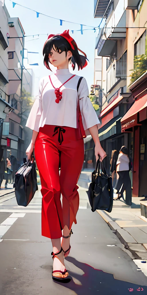 Woman walking down the street with a black bag and a purse, digital art of an elegant, Anime style. 8K, Stylized digital illustration, Red clothes, street fashion outfit, in a tokyo street, Realistic anime 3 D style, Red details, Style game square Enix, japanese city street fashion, anime styled 3d, tokyo inspired, street fashion