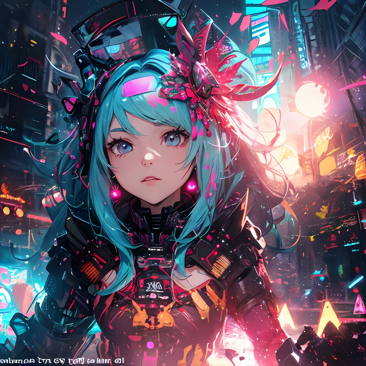 (​masterpiece、top-quality、top-quality、Official art、ighly detailed、Beautifully Aesthetic:1.2)、(1girl in)、(Fractal Art:1.3)、Random hairstyle、Random hair color colorful、FULL BODYSHOT、(CyberpunkＴThe shirt)、animesque、head-mounted displays、neon light detail、Intuitive、City of the Future、sharp、Precise focus、randome pose、cyberpunkcity、street neon lights、insta photo、photo of the year、cinema4d、Dramatic、