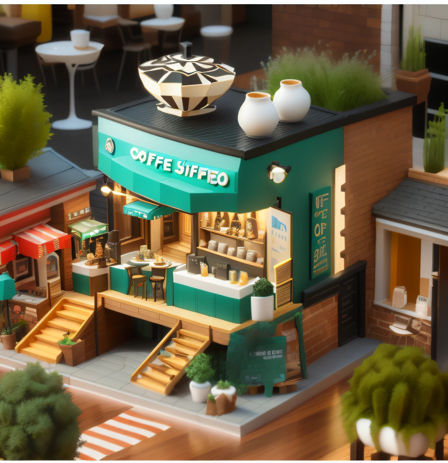 There is a miniature model of a coffee shop，Highly detailed visual espresso, stylized 3d render, hyper detailed 3d render, hyper detailed 3d render, 3 d stylize scene, hyper detailed scene, 3 d render stylized, highly detailed scenario, highly detailed 3d render, highly detailed 3d render, miniature cafe diorama