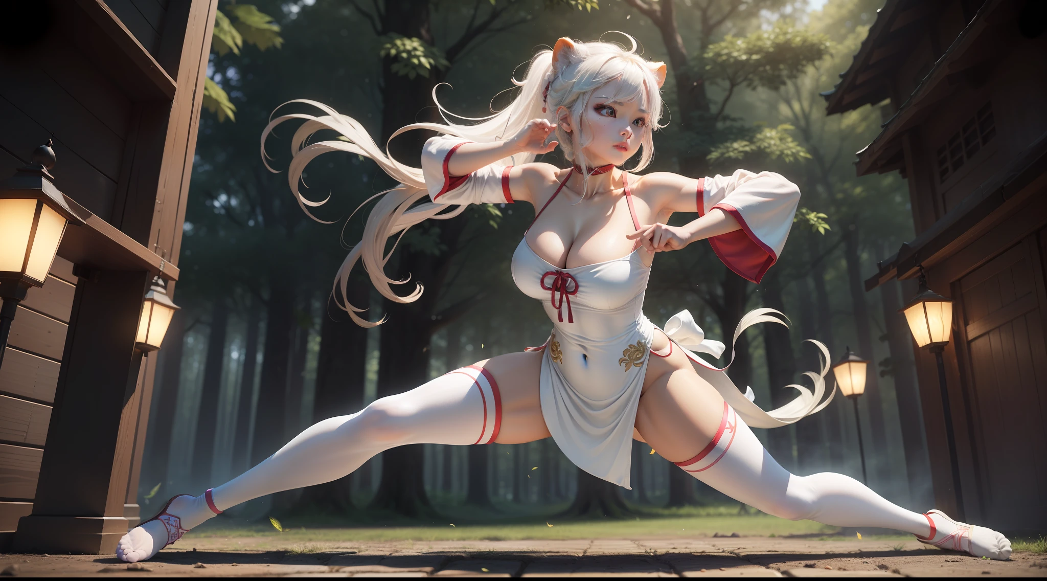 ln the forest,natta,Fluorescence,Colorful birds,Colorful glowing butterflies,Big colorful trees,On the creek,white dresses,Colorful Hanfu long skirt,Colorful woman,Extra-long, Colorful hair, Colorful Hanfu, Off-the-shoulder attire,Exposed cleavage,The chest is exposed on the side,Expose the collarbone,huge tit,Float,3D occlusion,realskin,realisticlying,lion dance,Practice martial arts,Sword dance,White jumpsuits,over knee socks,No shoes,Top image quality,Institutional light and shadow,Bokeh,Domineering body movements,tachi-e,Two-thirds of the canvas spawns a character,Consists of a grid of nine squares