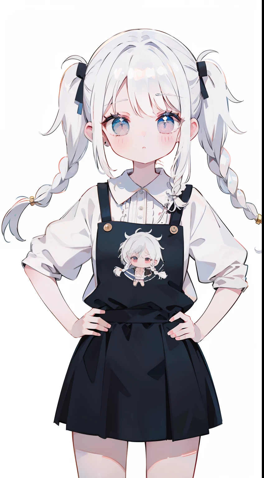 hand on own hip、white hair、pigtails、Braids、cute little、onepiece、masterpiece、top-quality、Top image quality、