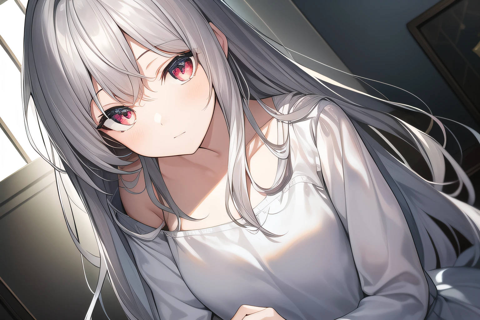 ((Masterpiece, Best quality))++, Detailed light+, Detail hair+, detail hand+ ,1girll, woman, Long hair, Crimson eyes, Beautiful eyes, Young gray hair,,(Beautiful white hair:1.5),(Beautiful detailed eyes), high resolution+, blacksilk , a black skirt, Glass tones, Reflective eyes, ((Halo)), {{Angle}} , extremelydetailedwallpaper, Original, ,