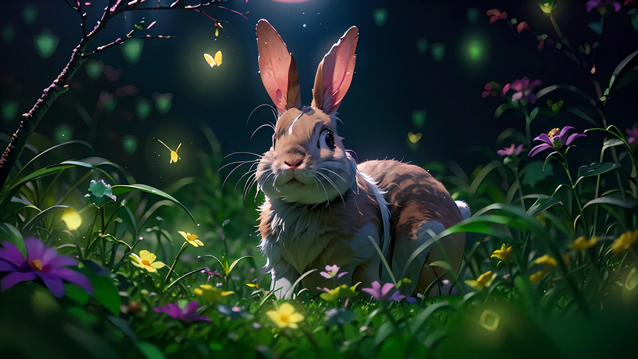 Close up photo of a rabbit in enchanted forest, clean background, depth of field, large aperture, photography, night, fireflies, volumetric fog, halo, bloom, dramatic atmosphere, center, rule of thirds, 200mm 1.4f macro shot
