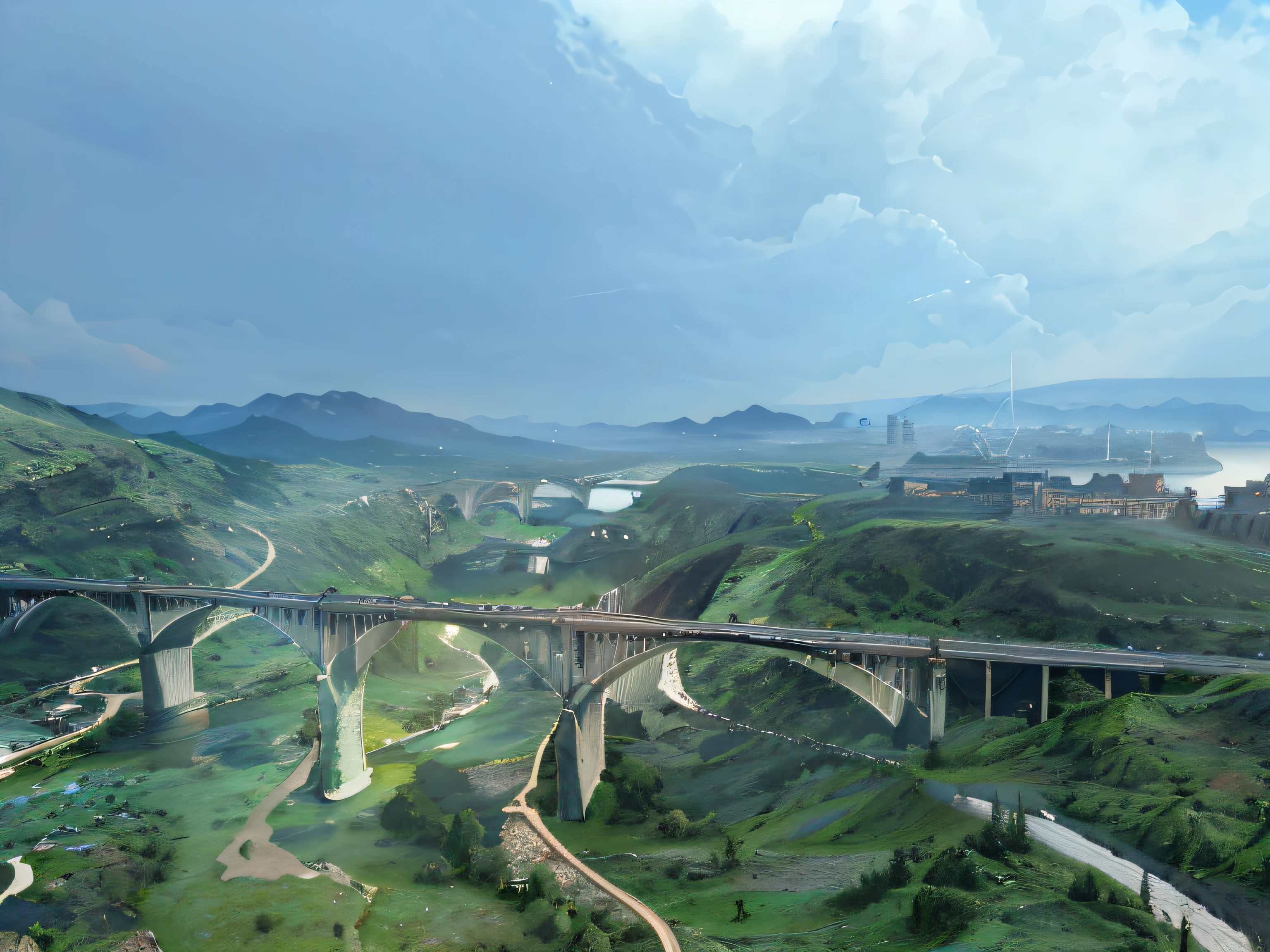 There is a bridge across the river and a bridge, Masking Paint Unreal Engine, realistic matte painting, matte painting v ray, ultrarealistic matte painting, 3d rendered matte painting, hyperdetailed 3d matte painting, hyperdetailed 3d matte painting, highly detailed matte painting, 8k matte painting, 8 k matte painting, hyperrealistic matte painting