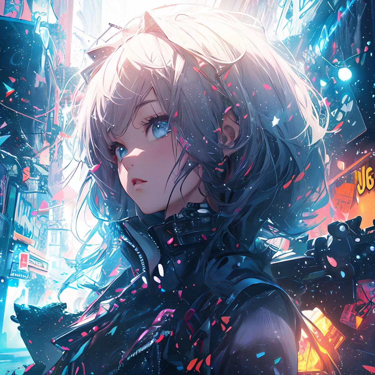 (masterpiece、top-quality、top-quality、Official art、ighly detailed、Beautifully Aesthetic:1.2)、(1girl in)、(Fractal Art:1.3)、Random hairstyle、Random hair color colorful、FULL BODYSHOT、(CyberpunkTThe shirt)、animesque、head-mounted displays、neon light detail、Intuitive、City of the Future、sharp、Precise focus、randome pose、cyberpunkcity、street neon lights、insta photo、photo of the year、cinema4d、Dramatic、
