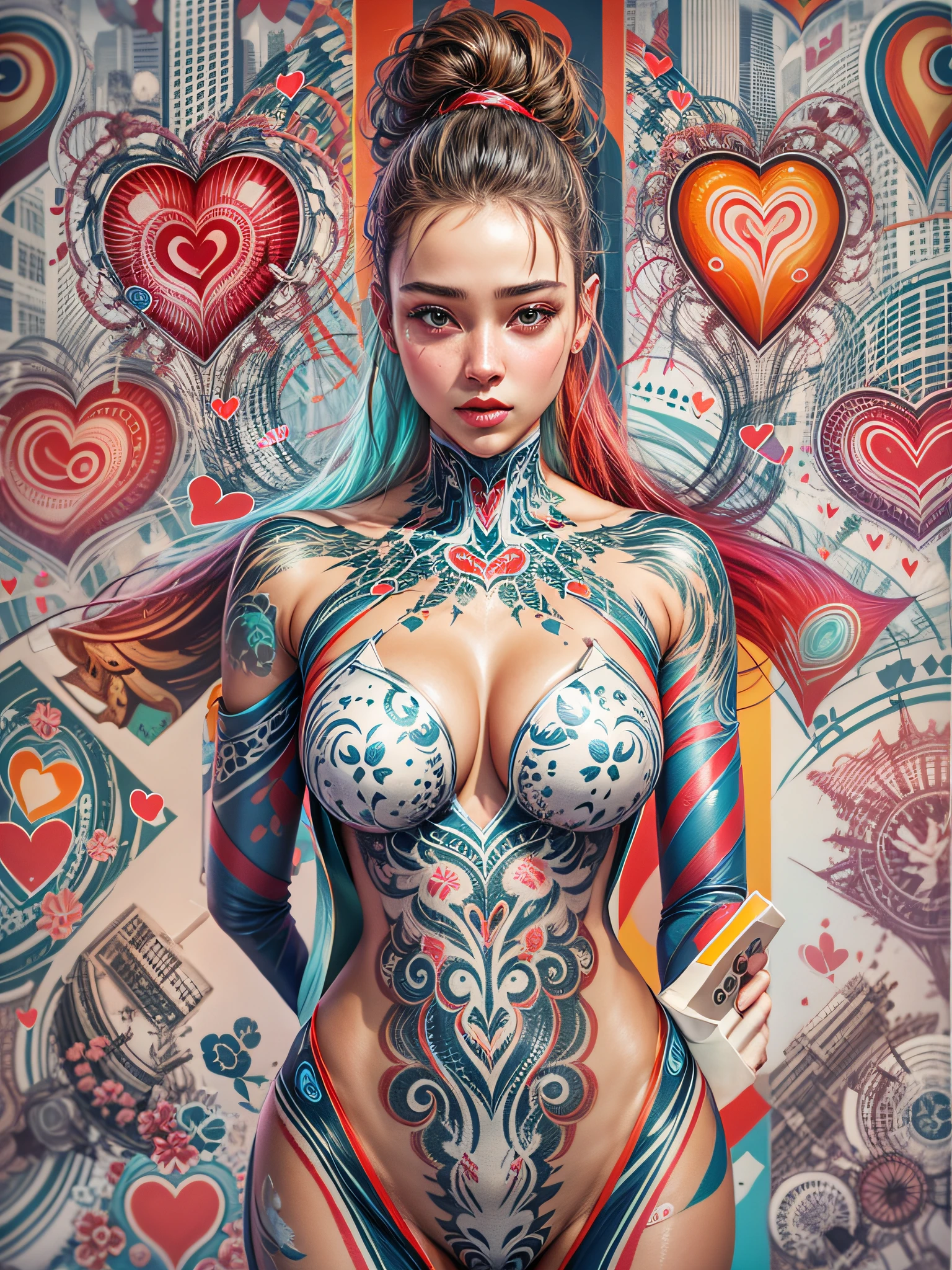 Beautiful young woman, Beautiful big breasts, Front opening shirt, Body painting with pop designs drawn directly all over the body, heart shapes, Pop Art Design, cutting edge fashion, innovative, The center of attention, newyork, special art design, pubick hair, cameltoe details, nipples-design, Beautiful background, Futurism, sparkle, Conceptual art, super detail, ccurate, high details, anatomically correct, Outdoors, Beautiful Landscape Forest, castle,