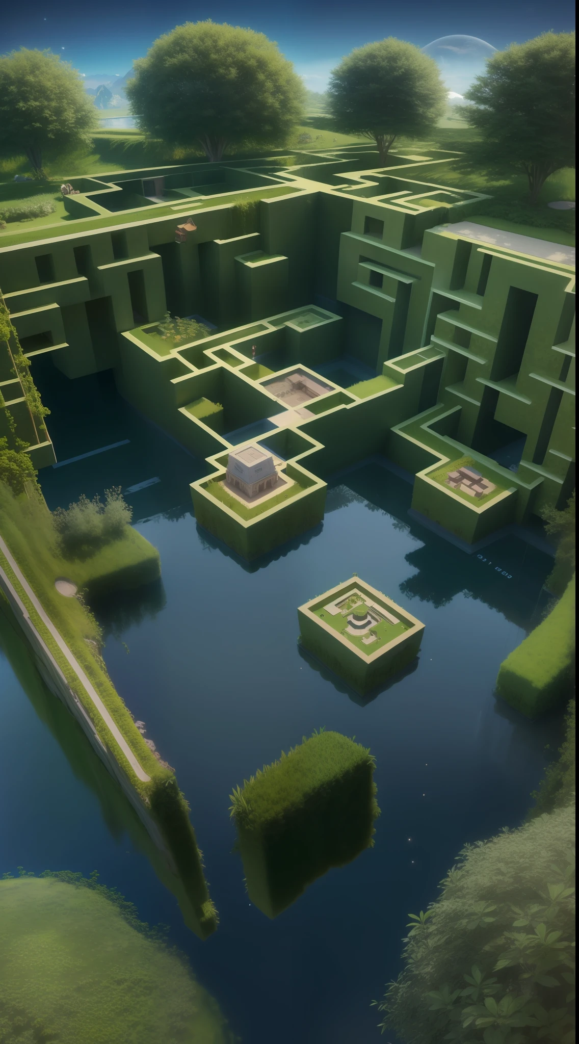 Floating island in the air,maze,magical place,space,8k,realistic