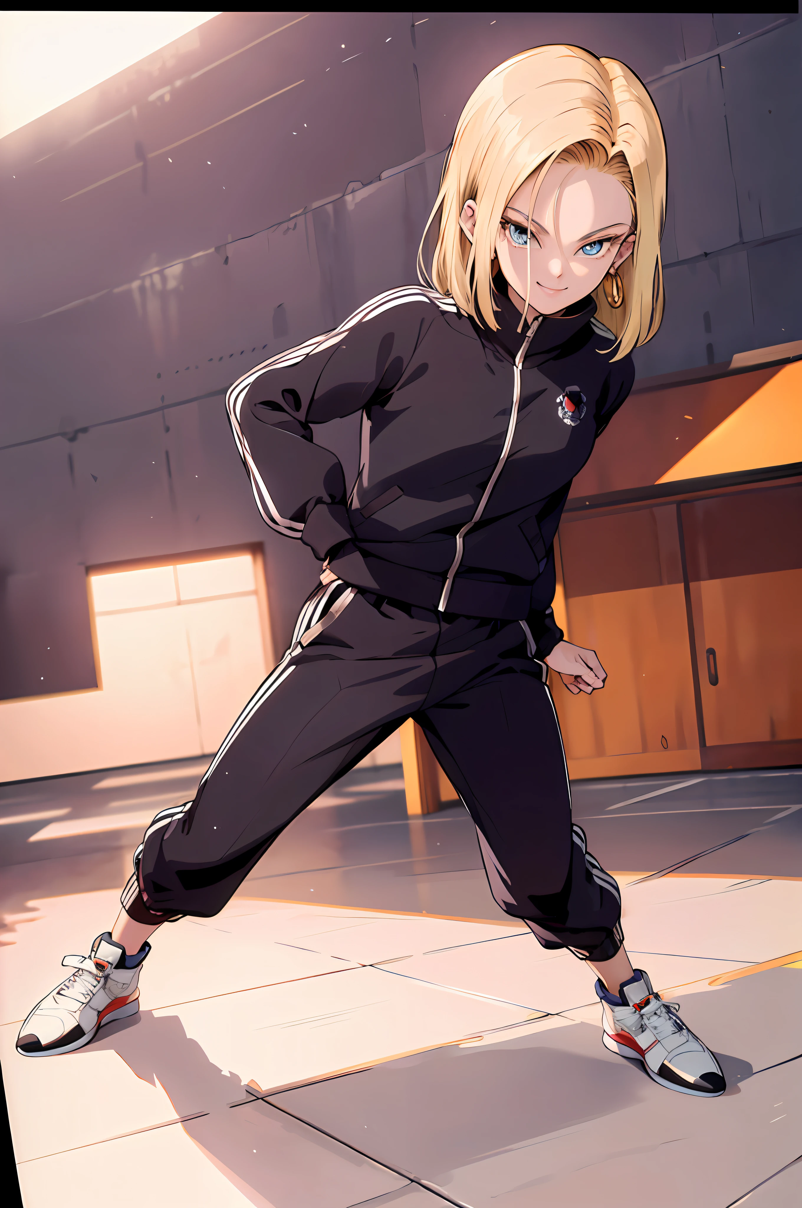 masterpiece, best quality, ultra-detailed, absurdres, Potrait of beautiful Android18DB, solo, earrings, jewelry, looking_at_viewer, jacket, smile, pants, track_jacket, track_suit, track_pants, black_pants, volumetric lighting, best quality, masterpiece, intricate details, tonemapping, sharp focus, hyper detailed, trending on Artstation,