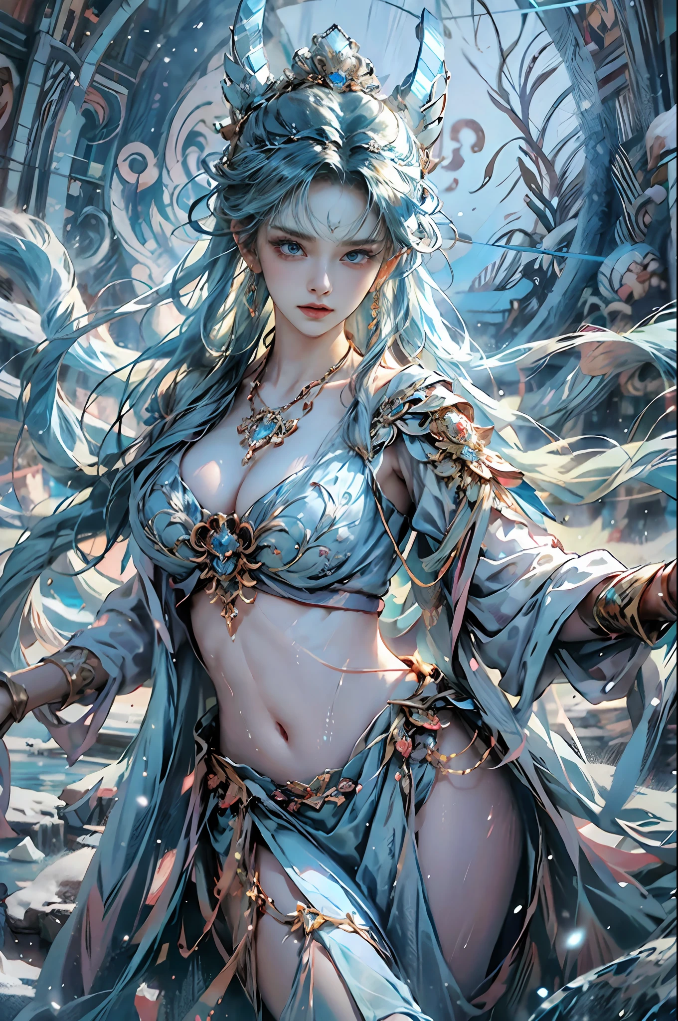 The scene is in ice and snow，《Journey》Goddess of water，The blue halo behind him glowed，huge tit，Crystal jewelry，ornate garment，Artistically，long leges，Complex structures，extreme hight detail，Hair color random，Hairstyle Random，8K quality，SENSE OF CINEMA，Floating water