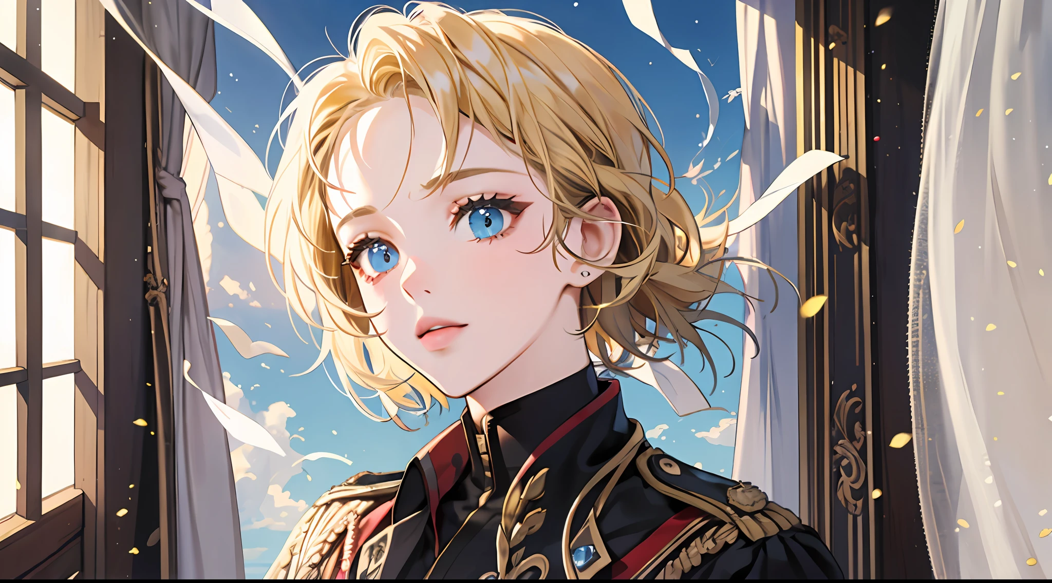 A girl with short blonde hair in a military uniform and blue eyes, facing the camera, empty room, beautiful light and shadow, white curtains blown by the wind, attention to detail, highest quality,