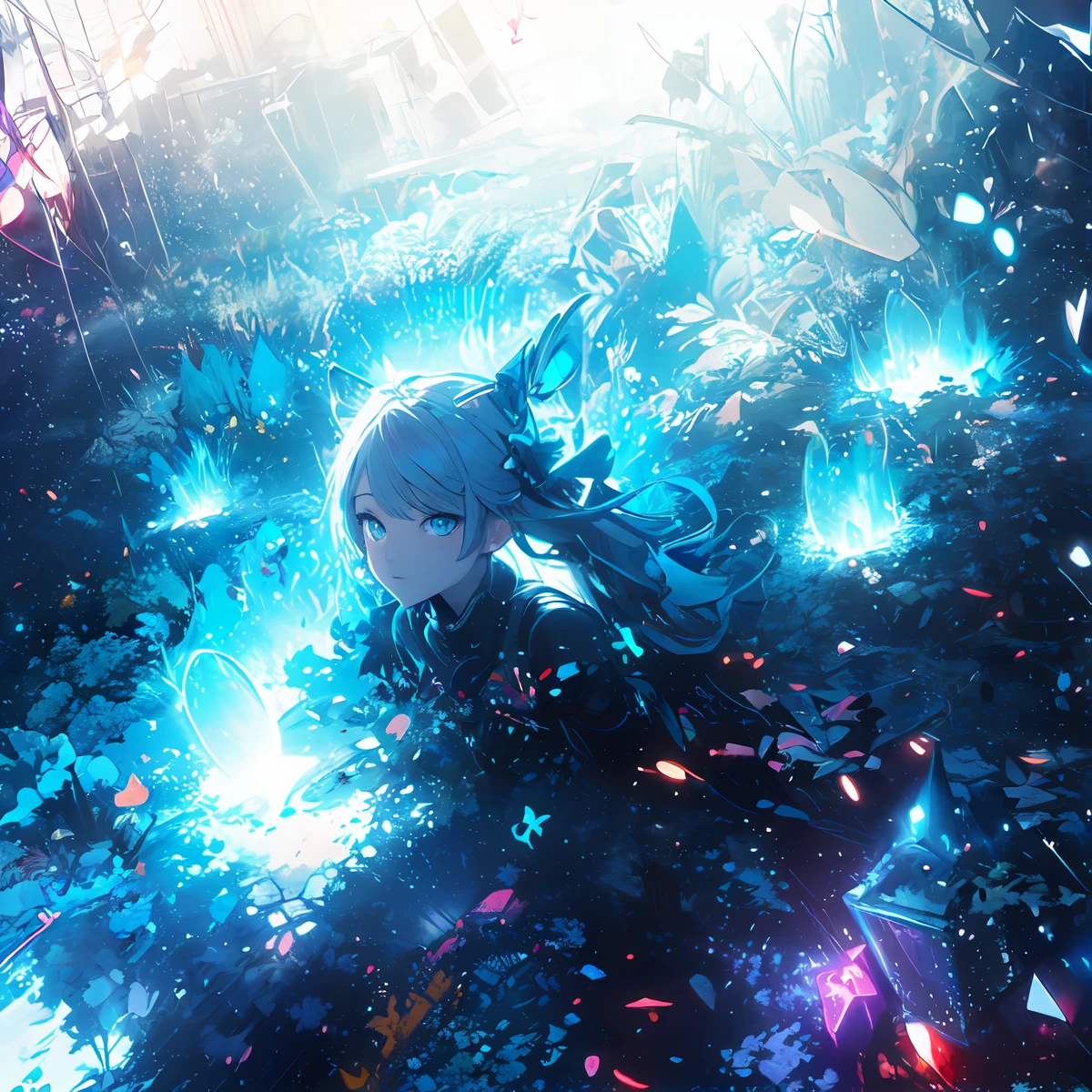(masterpiece、top-quality、top-quality、Official art、ighly detailed、Beautifully Aesthetic:1.2)、(1girl in)、(Fractal Art:1.3)、Random hairstyle、Random hair color colorful、FULL BODYSHOT、(CyberpunkTThe shirt)、animesque、head-mounted displays、neon light detail、Intuitive、City of the Future、sharp、Precise focus、randome pose、cyberpunkcity、street neon lights、insta photo、photo of the year、cinema4d、Dramatic、