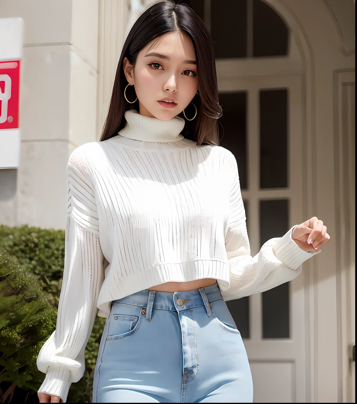 tmasterpiece,best qualtiy,(Very detailed CG unity 8k wallpaper)(best qualtiy),An Arad woman in a white shirt and jeans stands next to another woman,cropped wide sleeve,in white turtleneck shirt,pastel clothing,wearing tight simple clothes,big breasts thin waist,detailled image,korean women's fashion model,Puff sleeves,wearing a white sweater,Designed for comfortable aesthetics,advertisement picture,Casual clothing,wearing elegant casual clothes。