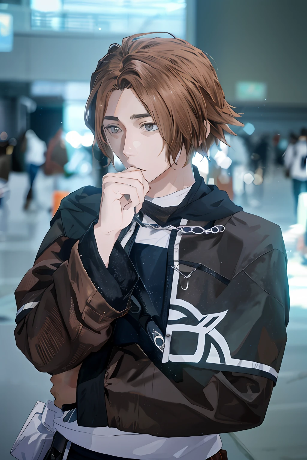 There was a woman in a brown jacket and a black jacket, Anime cosplay, rpgmaker, boromir in an 80\'s anime world, From《Rebirth without a job》, Rudius in the world of anime, inspired by Sakai Hōitsu, sora from kingdom hearts, cosplay foto, From《Rebirth without a job》, kvothe from name of the wind
