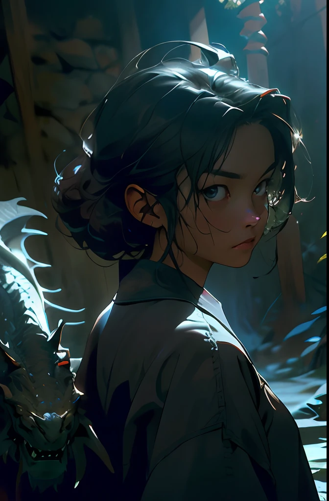 absurd, highres, ultra detailed, moody lighting, quiet, calm, brightness, masterpiece, best quality, 1girl, dark fantasy movie of the 90s yet, menacing dragon next door