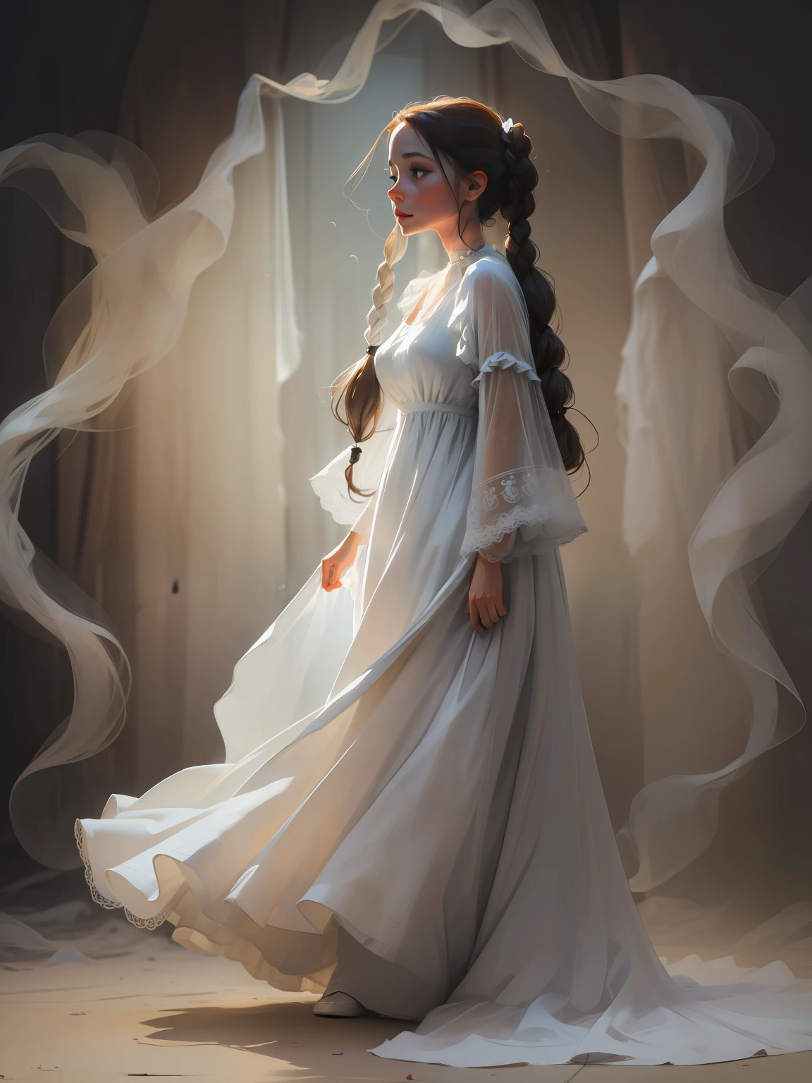 "The ethereal silhouette of a Dutch woman, adorned in a flowing white dress and twin braided pigtails, embodies the essence of a ghostly apparition look real"