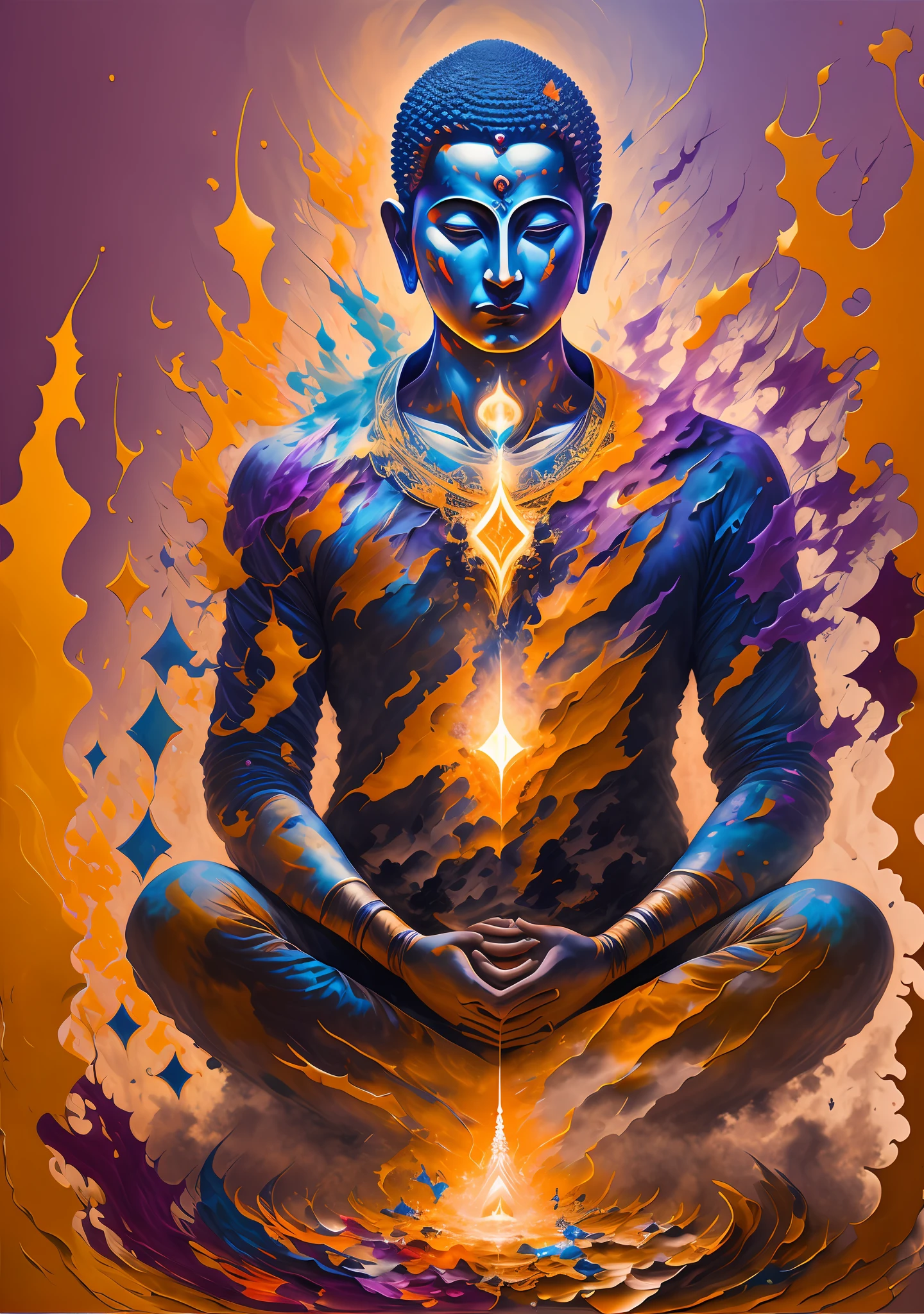 Awakened man sitting meditation in 5th dimension world, meditating in the midst of chaos,  character render, ultra high quality model, ethereal background, abstract beauty, explosive volumetric, oil painting, heavy strokes, paint dripping, 1 man, magic lighting, enlightenment lighting, buddha, swastika symbol, nirvana,